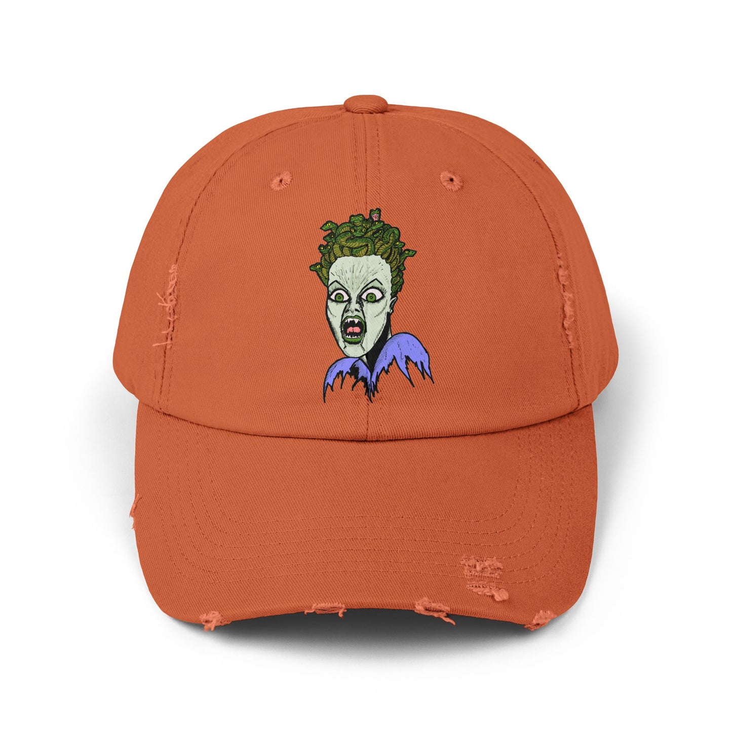 Medusa Unisex Distressed Cap with Eerie Design, Casual Hat, Halloween Accessory, Statement Cap, Gift for Horror Fans, Trendy Distressed Hat