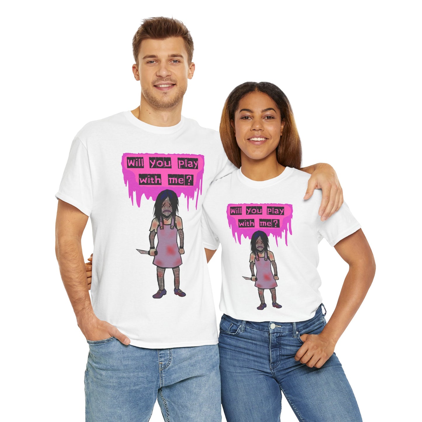 Playful Evil Doll Horror Graphic Tee, Unisex Heavy Cotton Shirt, Casual Wear, Unique Gift, Halloween Costume, Quirky Fashion