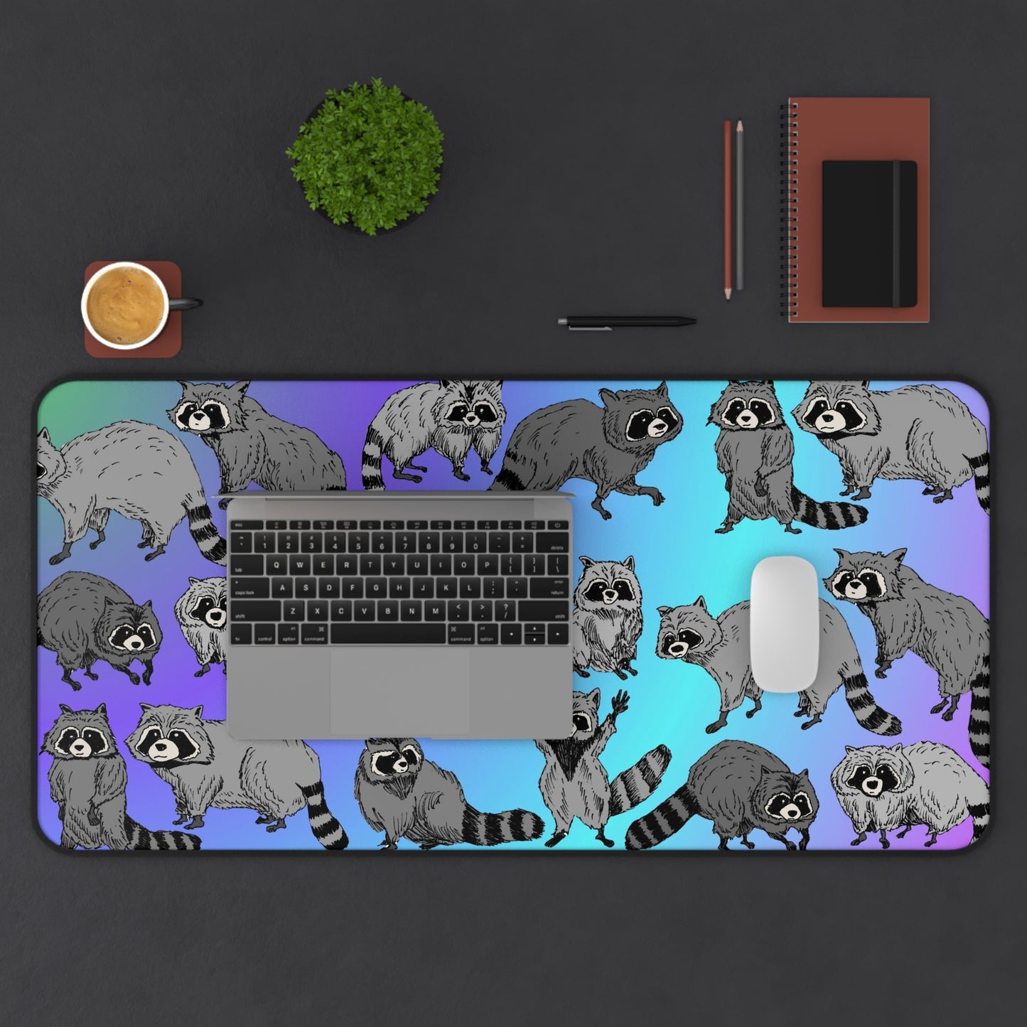 Raccoon Pattern Desk Mat — Cute Woodland Critter Mouse Pad for Home Office
