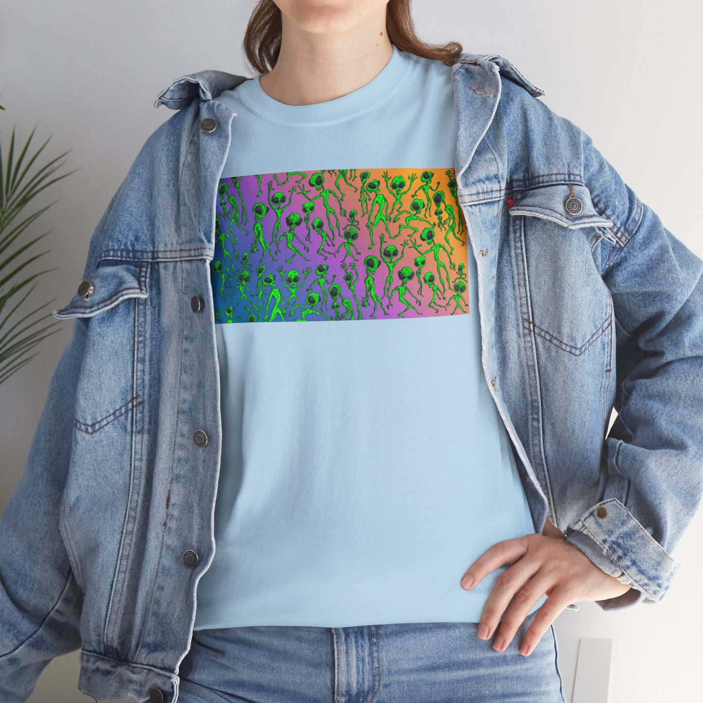 Alien Dance Party Gradient Tee — Colorful Psychedelic Green Aliens Art T-Shirt