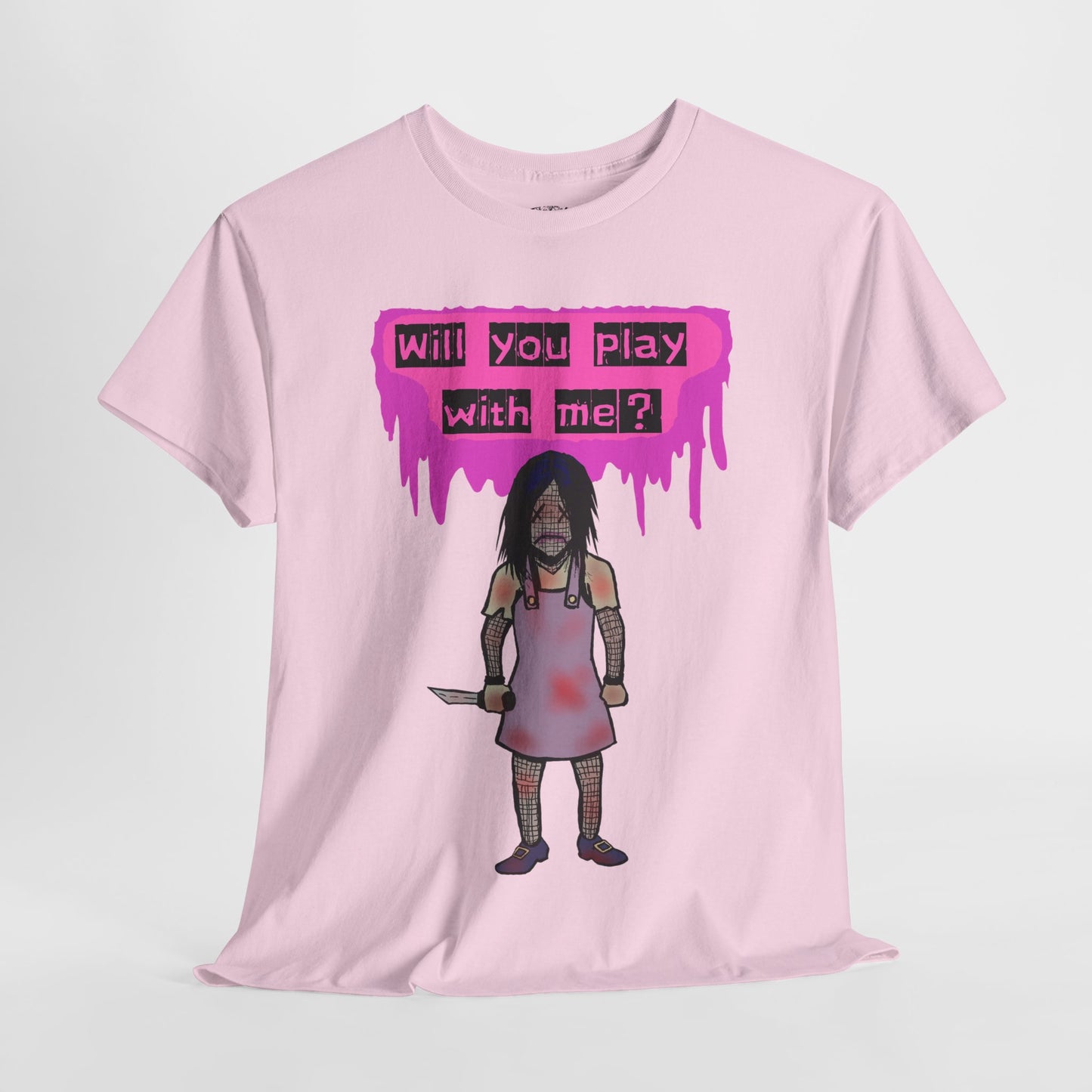 Playful Evil Doll Horror Graphic Tee, Unisex Heavy Cotton Shirt, Casual Wear, Unique Gift, Halloween Costume, Quirky Fashion