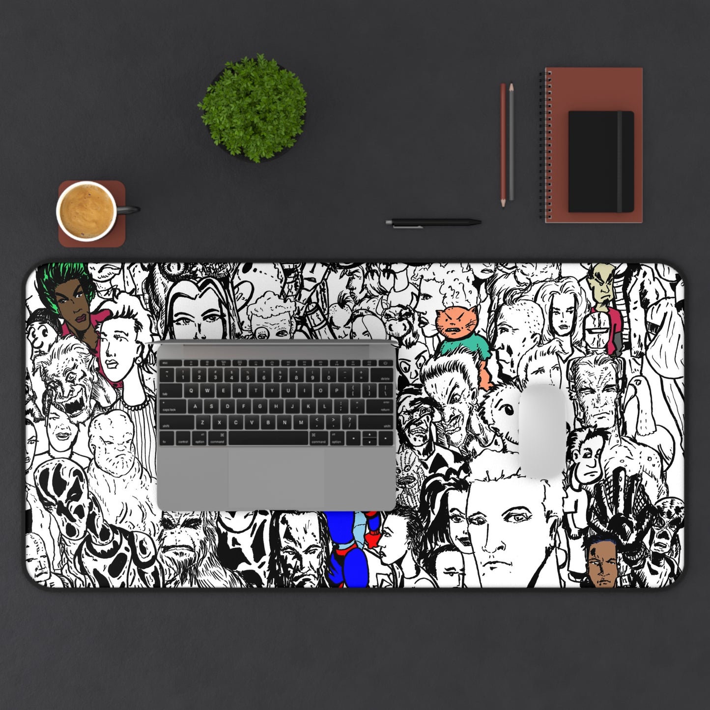 All Over Crowd Sketch Desk Mat — Black & White With Bits Of Color Character Collage Mouse Pad