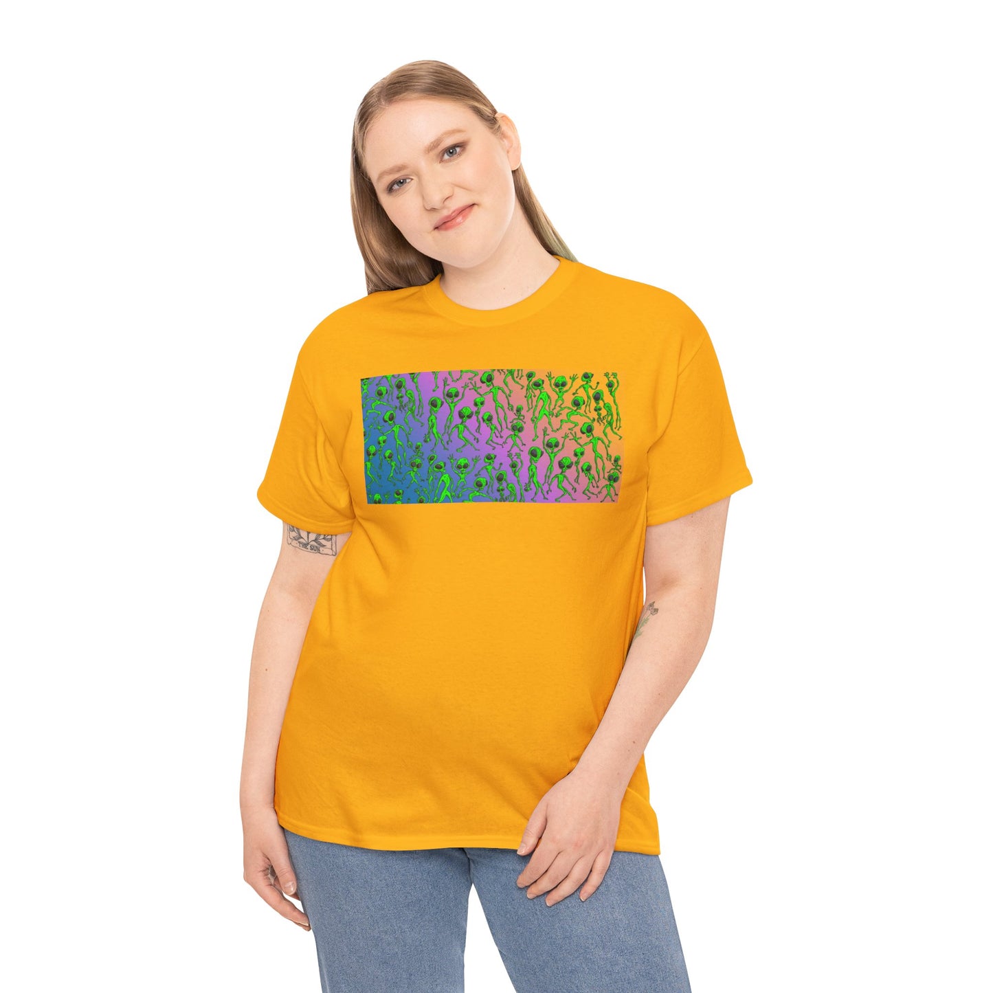 Alien Dance Party Gradient Tee — Colorful Psychedelic Green Aliens Art T-Shirt