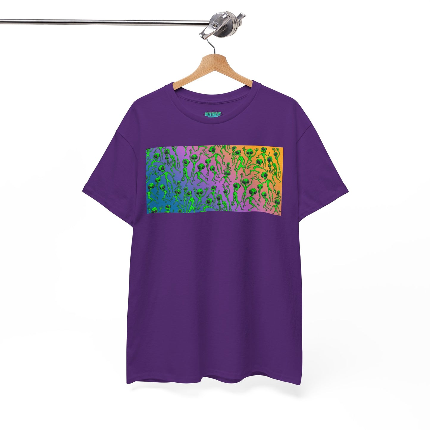 Alien Dance Party Gradient Tee — Colorful Psychedelic Green Aliens Art T-Shirt