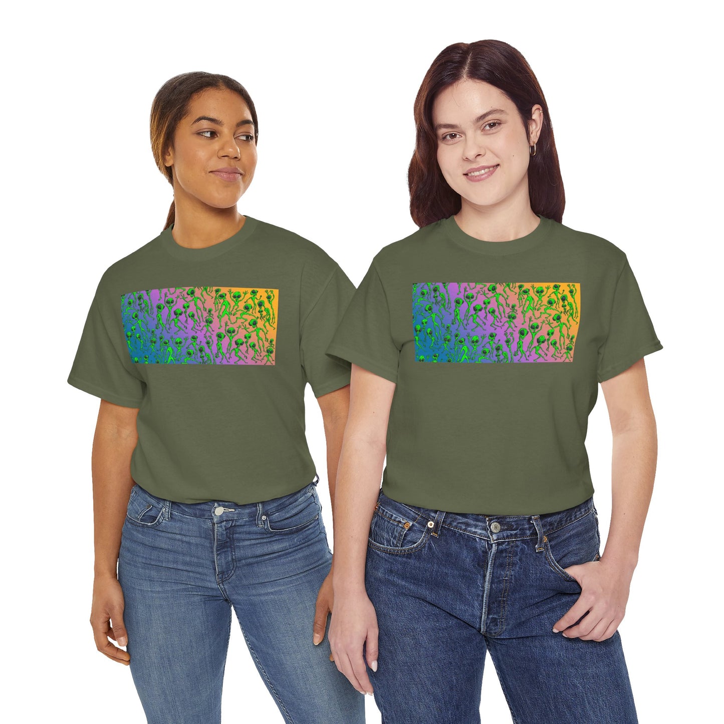 Alien Dance Party Gradient Tee — Colorful Psychedelic Green Aliens Art T-Shirt