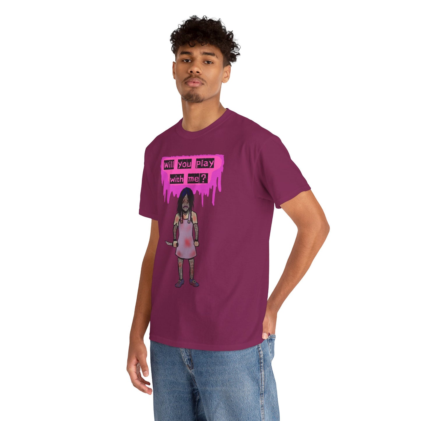 Playful Evil Doll Horror Graphic Tee, Unisex Heavy Cotton Shirt, Casual Wear, Unique Gift, Halloween Costume, Quirky Fashion