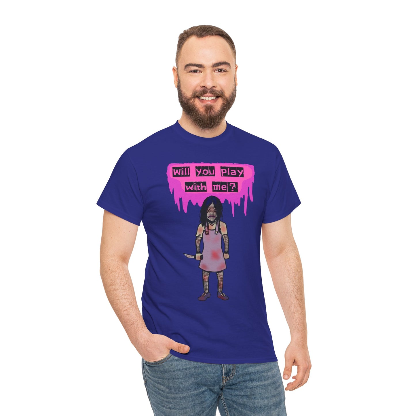Playful Evil Doll Horror Graphic Tee, Unisex Heavy Cotton Shirt, Casual Wear, Unique Gift, Halloween Costume, Quirky Fashion
