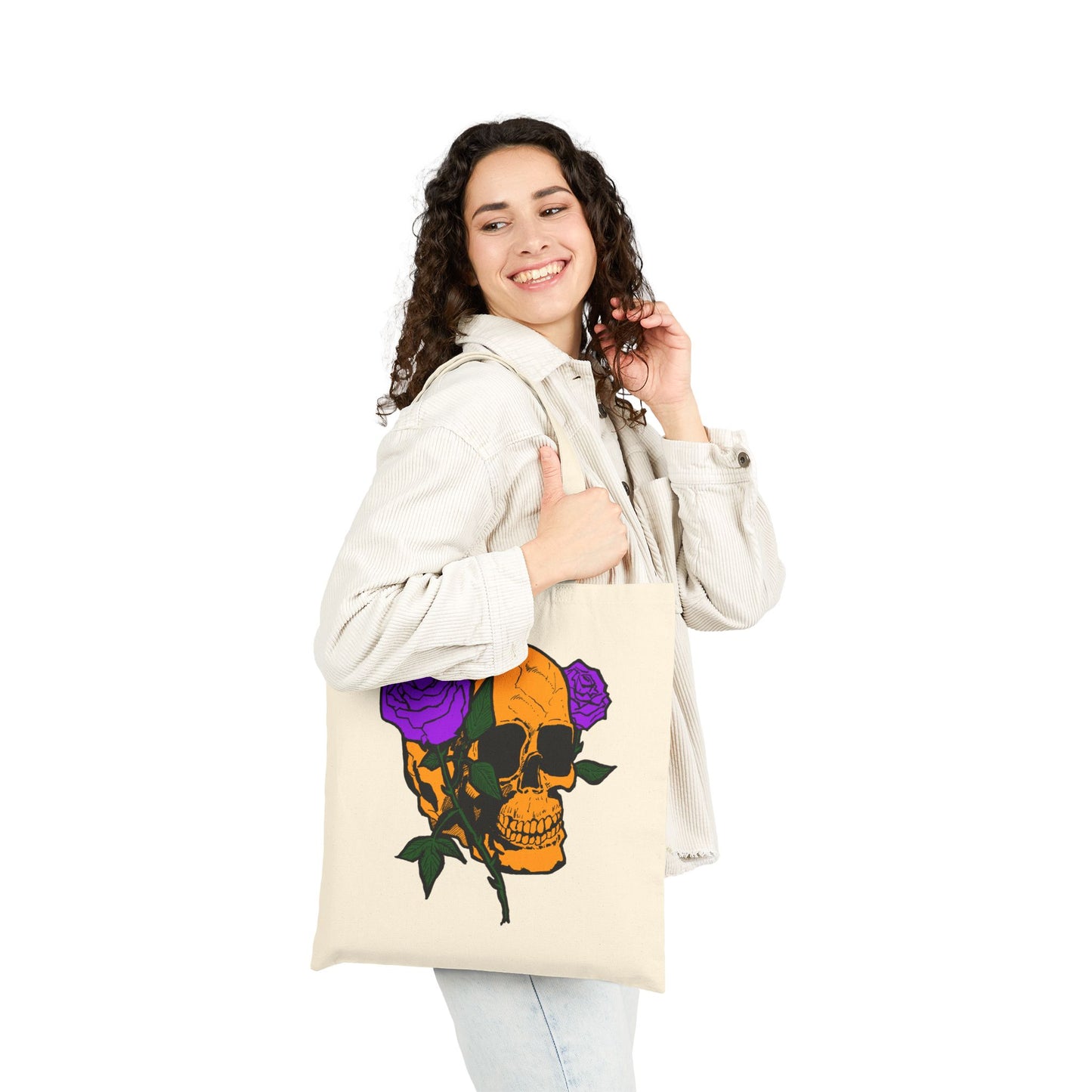Skull with Purple Roses Canvas Tote Bag