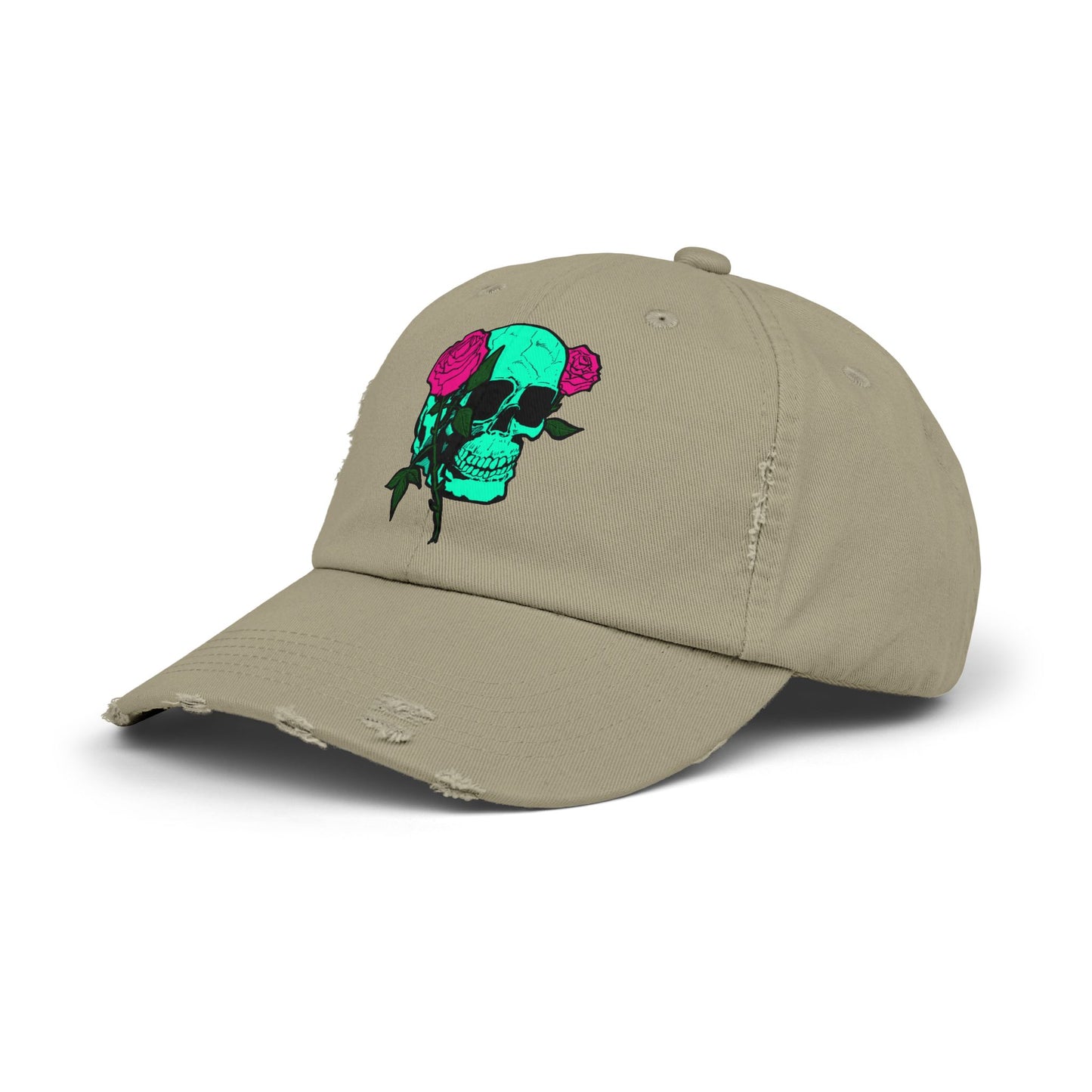 Trendy Distressed Skull Cap with Roses