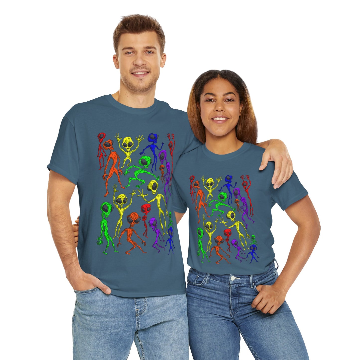 Rainbow Alien Dance Party Unisex Tee - Cosmic Sci-Fi Shirt