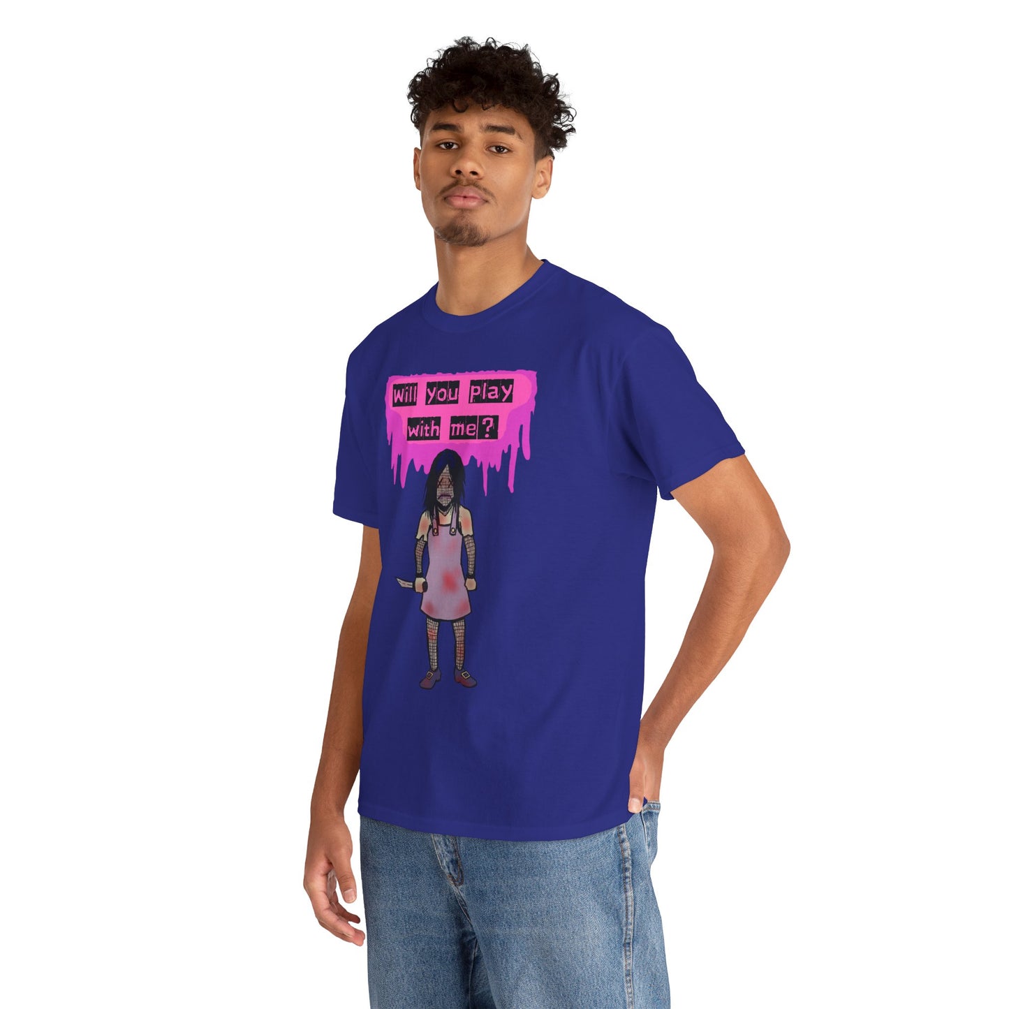 Playful Evil Doll Horror Graphic Tee, Unisex Heavy Cotton Shirt, Casual Wear, Unique Gift, Halloween Costume, Quirky Fashion