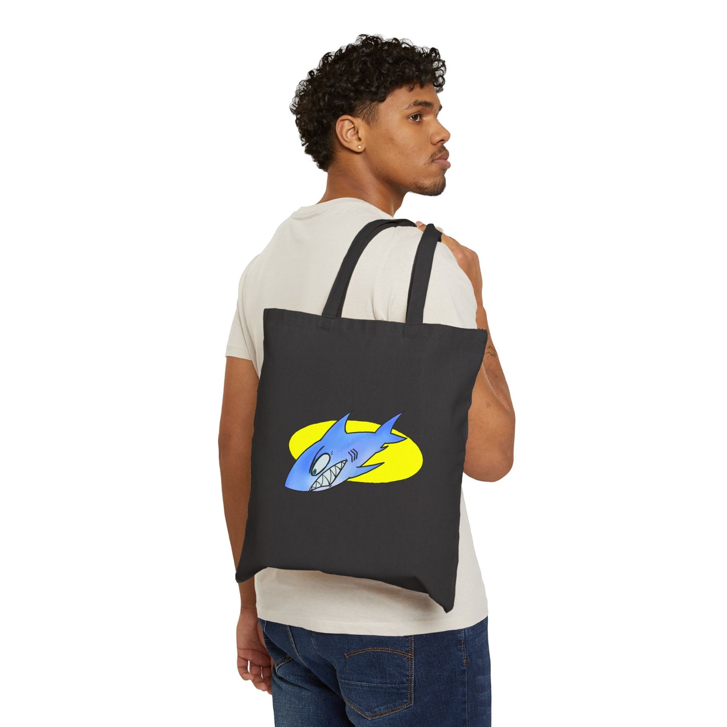 Shark Graphic Tote Bag – Retro Blue Shark Design on Natural Canvas
