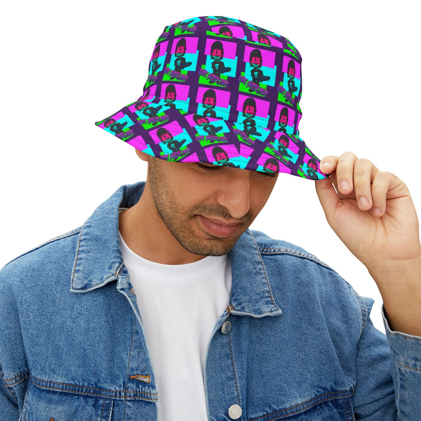 Rude Skater Dude Bucket Hat — Neon Pop Checkerboard Pattern