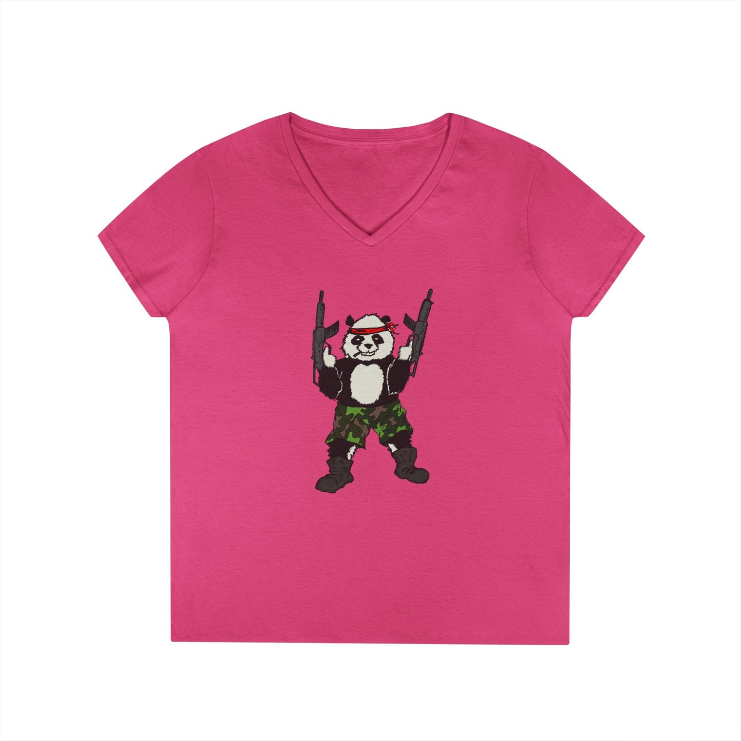 Ladies' V-Neck T-Shirt - Cool Panda with Guns Graphic Tee
