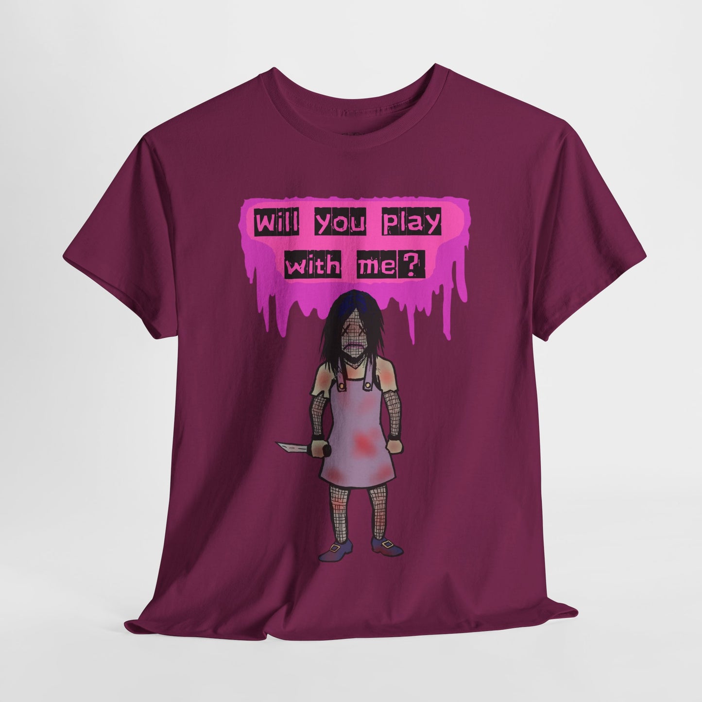 Playful Evil Doll Horror Graphic Tee, Unisex Heavy Cotton Shirt, Casual Wear, Unique Gift, Halloween Costume, Quirky Fashion