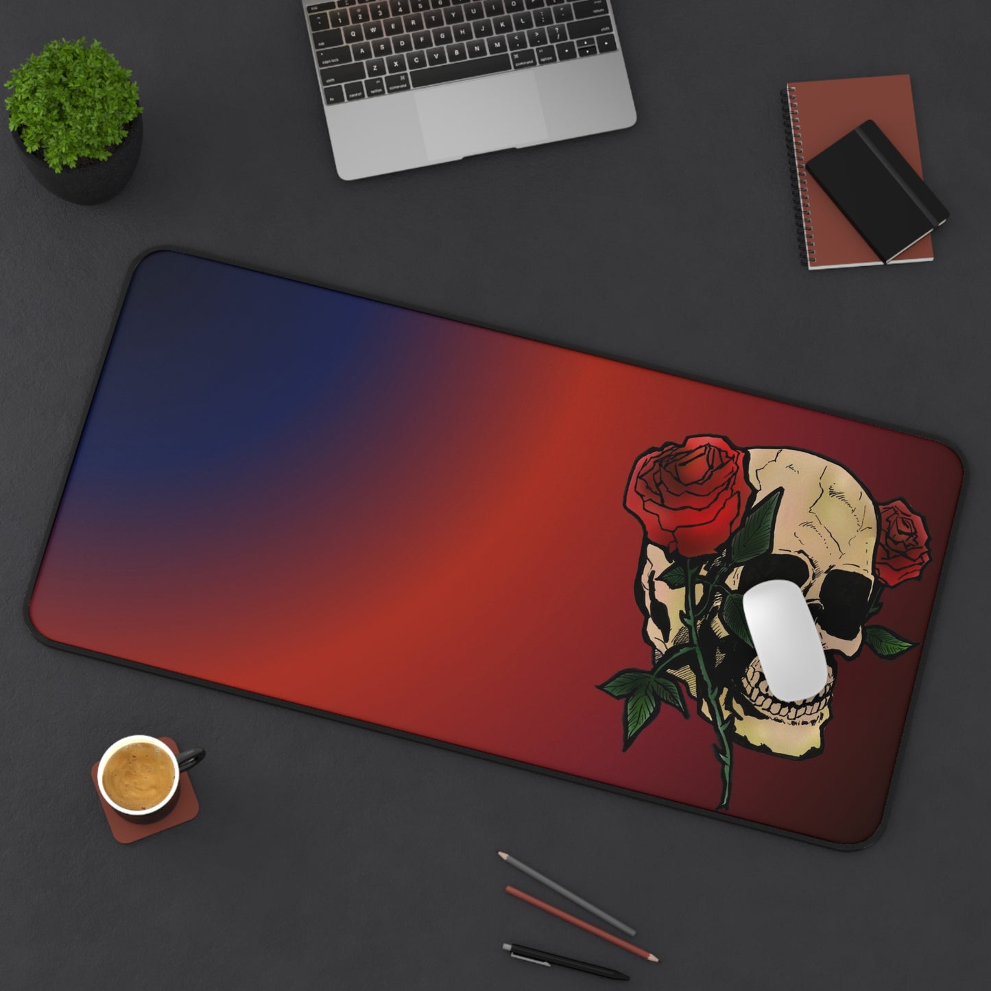 Skull & Roses Gradient Desk Mat — Gothic Gaming Mouse Pad