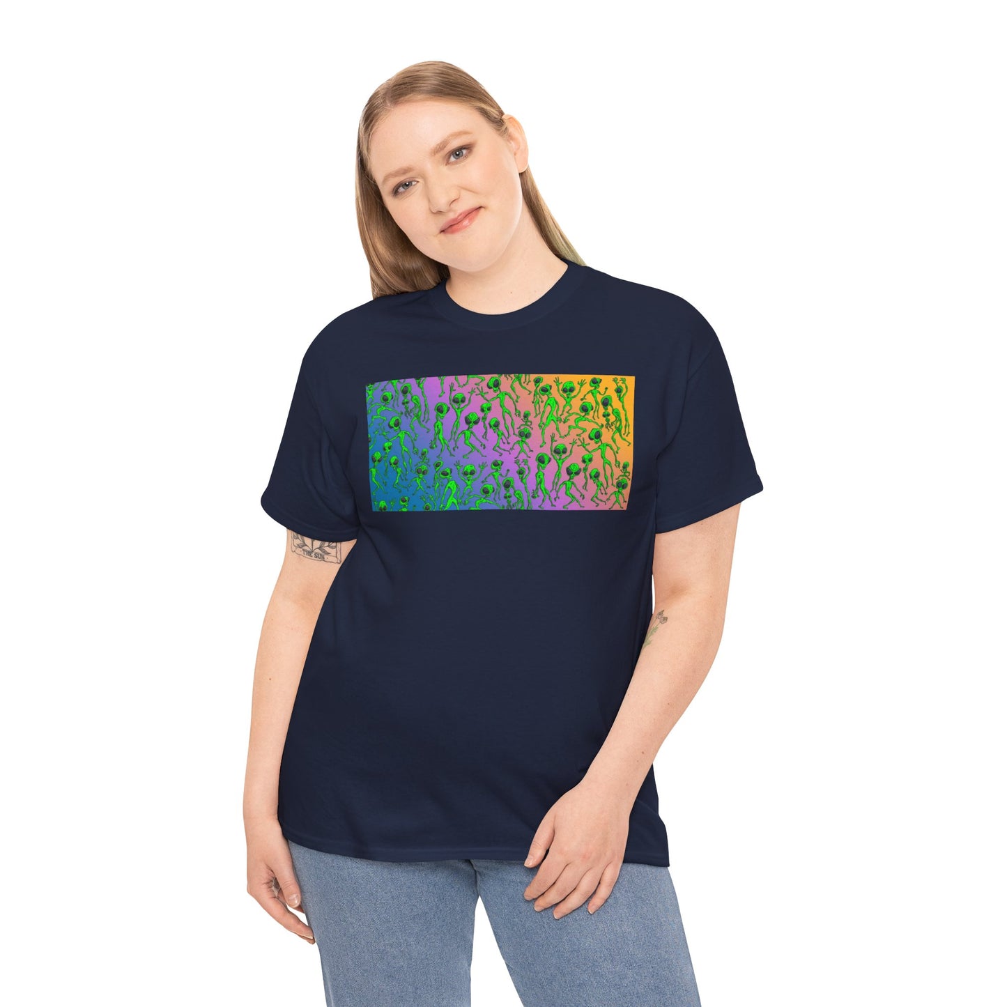 Alien Dance Party Gradient Tee — Colorful Psychedelic Green Aliens Art T-Shirt