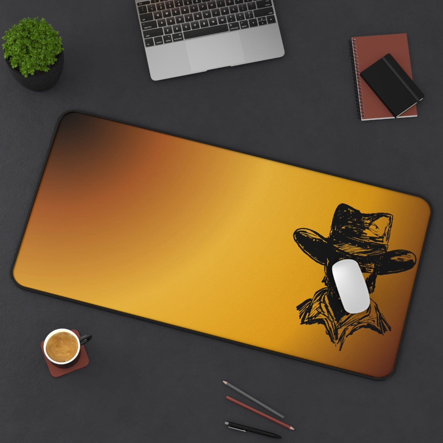 Western Cowboy Desk Mat — Rustic Sunset Mouse Pad with Cowboy Silhouette