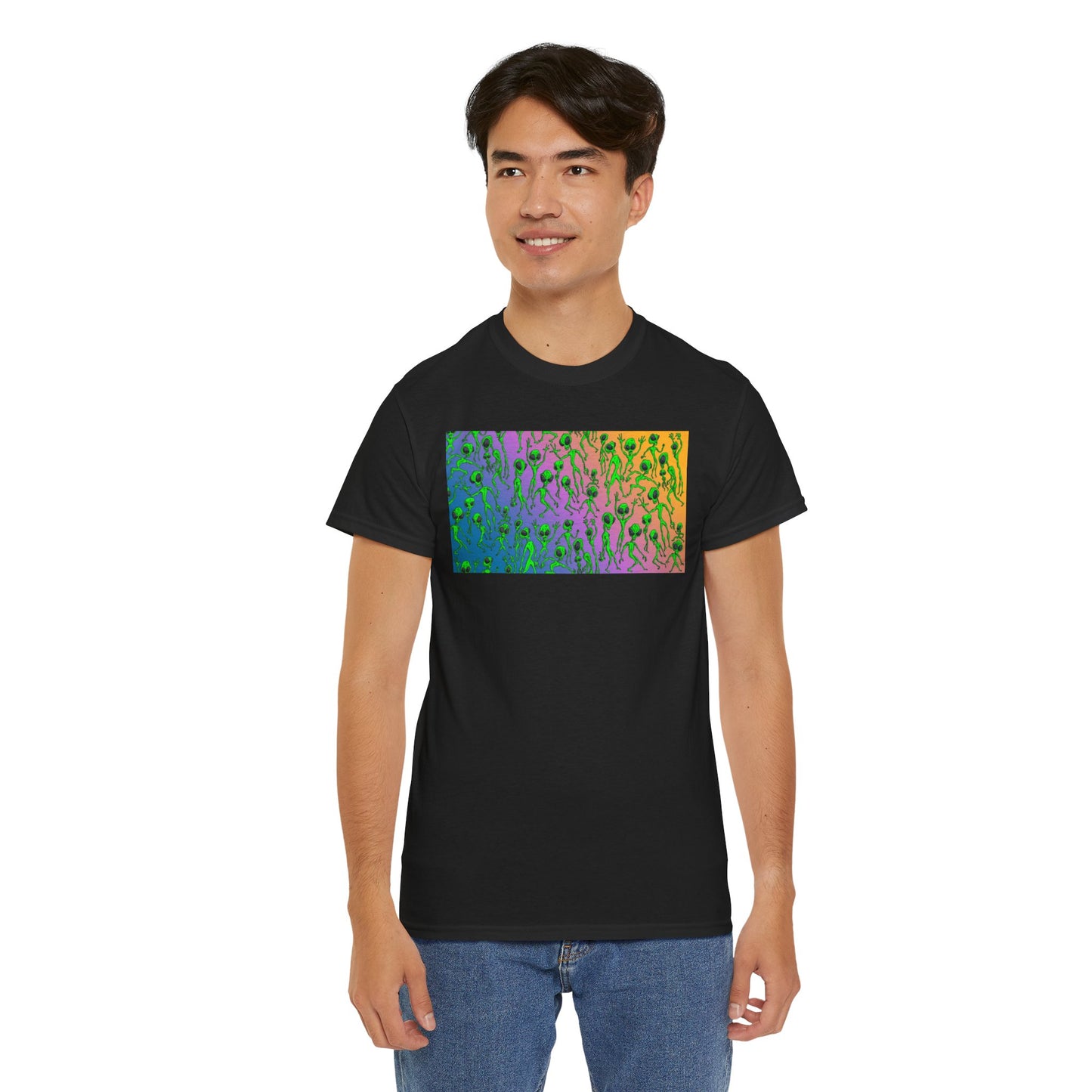 Alien Dance Party Gradient Tee — Colorful Psychedelic Green Aliens Art T-Shirt