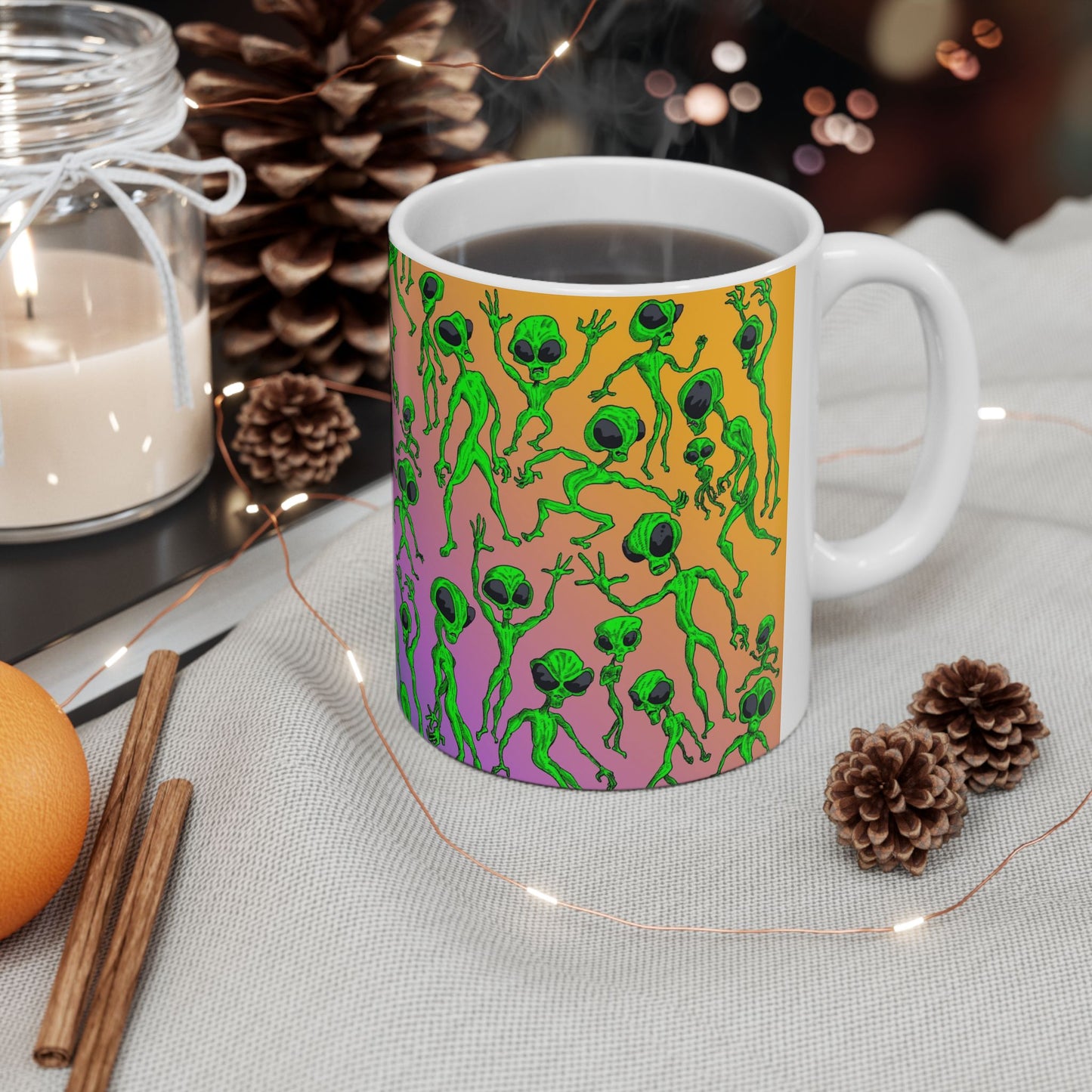 Alien Dance Party Ceramic Mug — Colorful Psychedelic Green Aliens (11oz & 15oz)