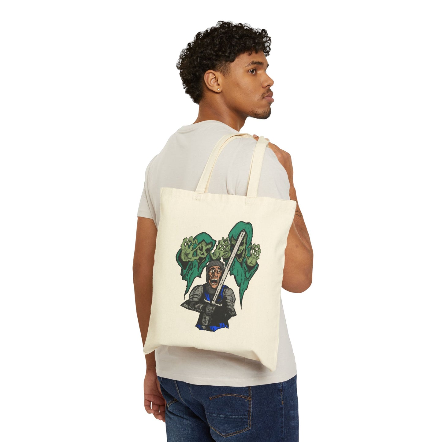 Knight Fright Graphic Canvas Tote — Warrior with Sword & Wraiths Design