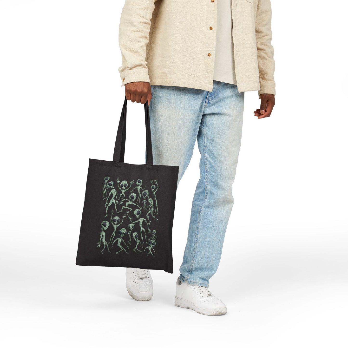 Alien Dance Party Tote — Dancing Green Thistle Pattern Cotton Canvas Tote Bag