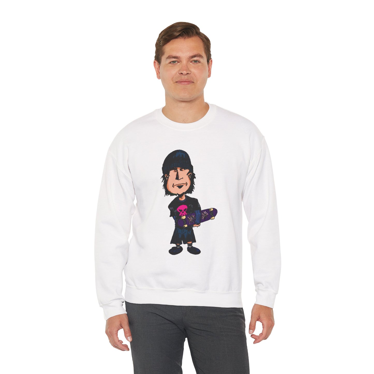 Rude Skater Dude - Skate Punk - Cartoon Skater Crewneck Sweatshirt – Cute Skateboarder Graphic Pullover