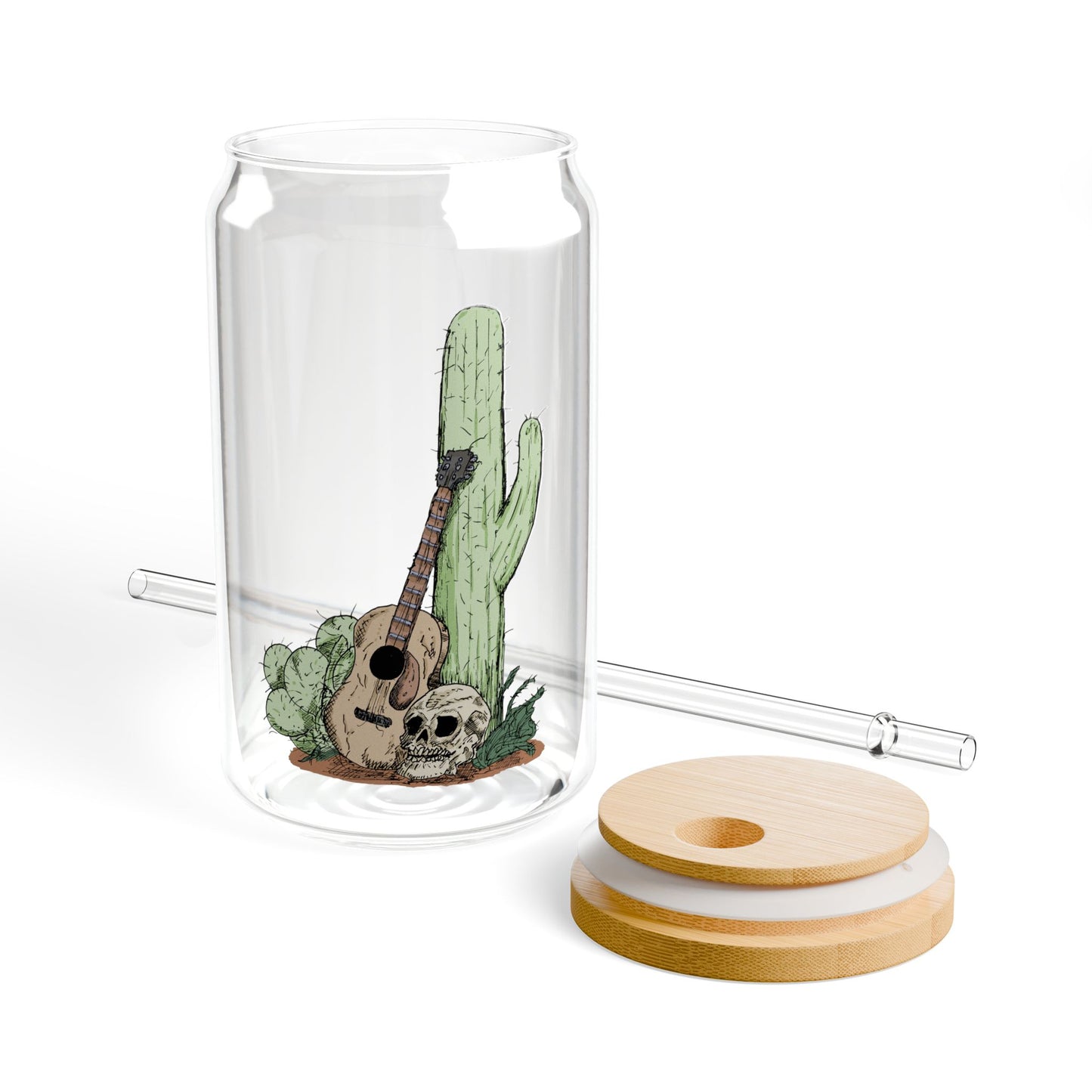 Cactus & Guitar Sipper Glass, 16oz | Eco-Friendly Drinkware, Summer Vibes, Unique Gift for Nature Lovers, Reusable Straw Included