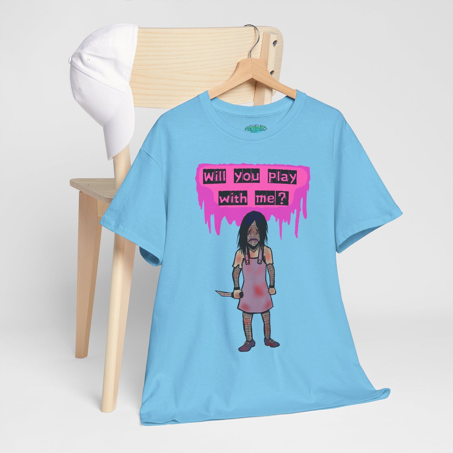 Playful Evil Doll Horror Graphic Tee, Unisex Heavy Cotton Shirt, Casual Wear, Unique Gift, Halloween Costume, Quirky Fashion