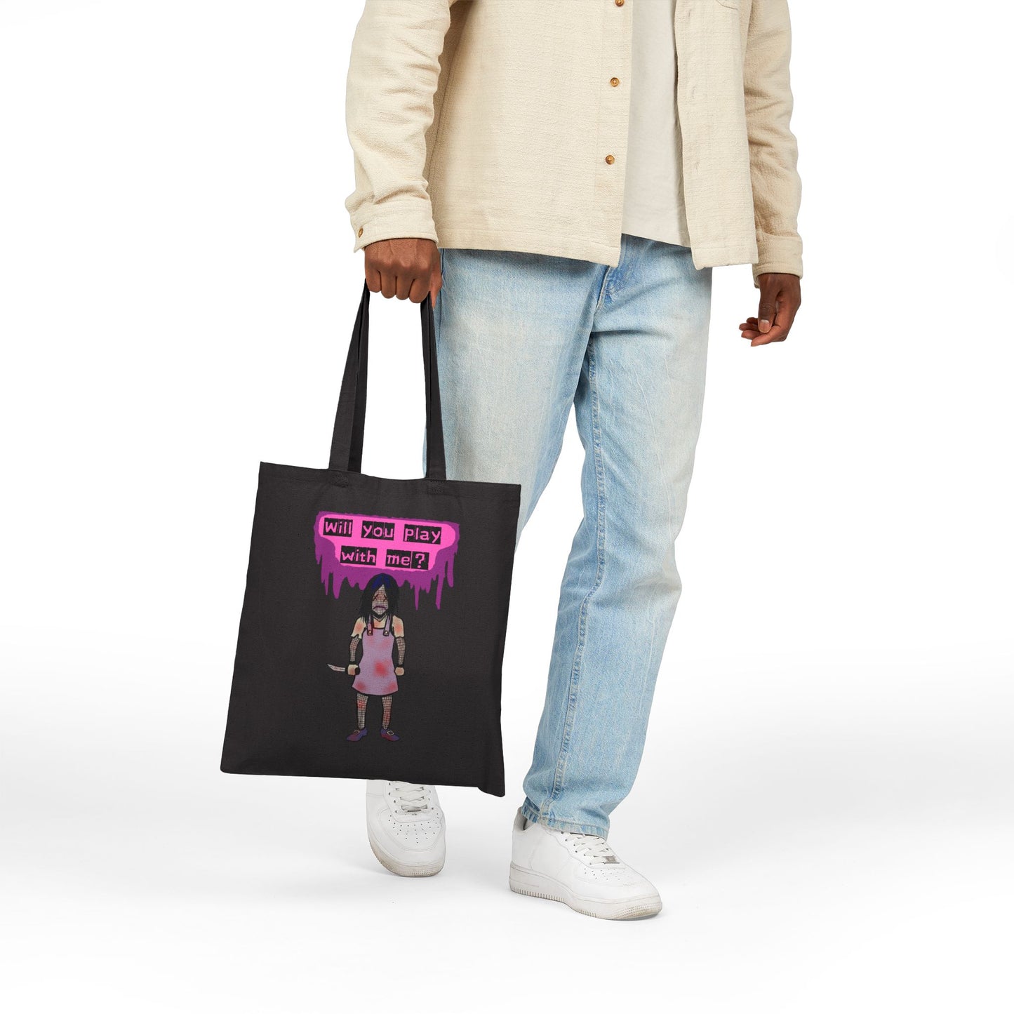 Tote Bag — 'Will You Play With Me?' Horror Creepy Doll Canvas Tote
