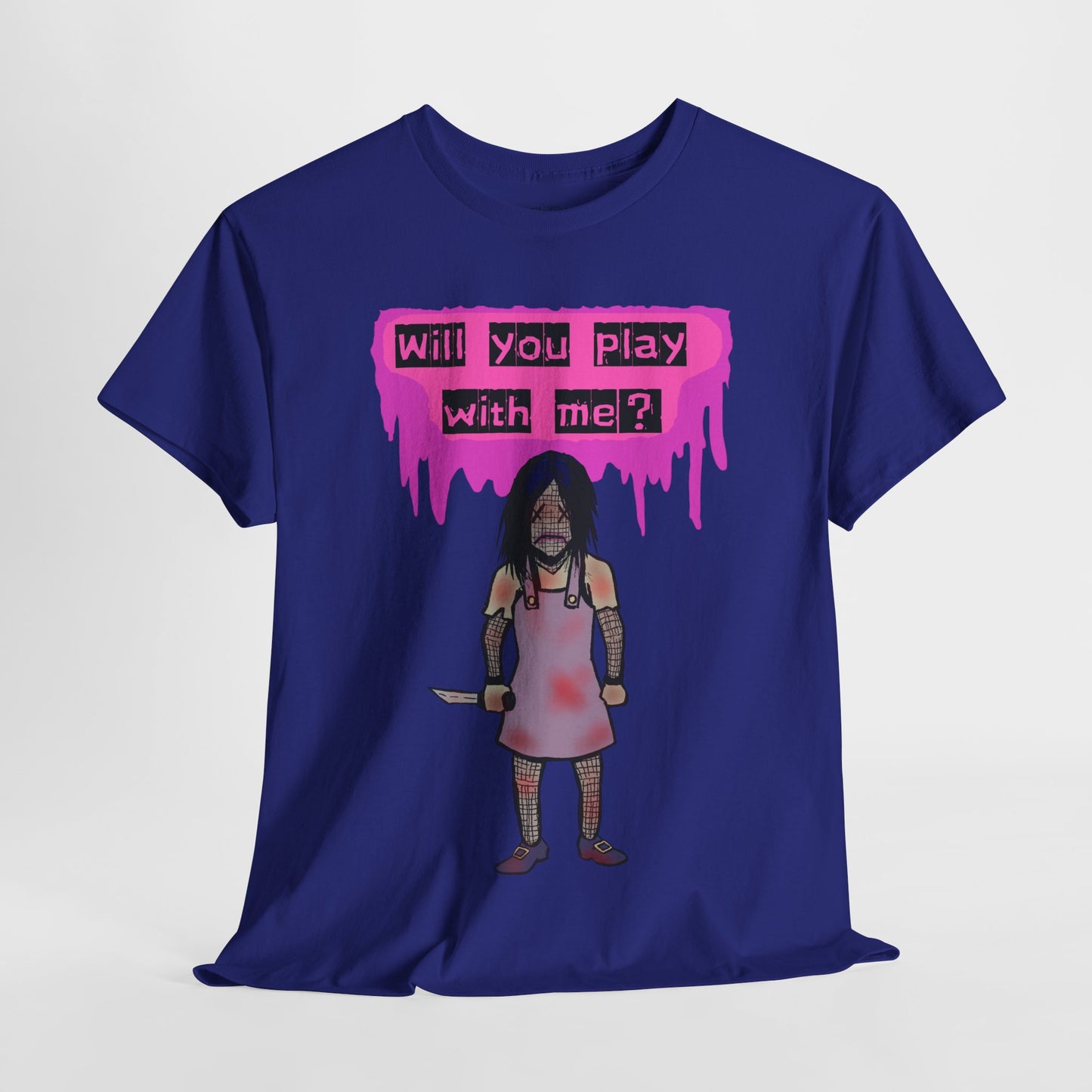 Playful Evil Doll Horror Graphic Tee, Unisex Heavy Cotton Shirt, Casual Wear, Unique Gift, Halloween Costume, Quirky Fashion