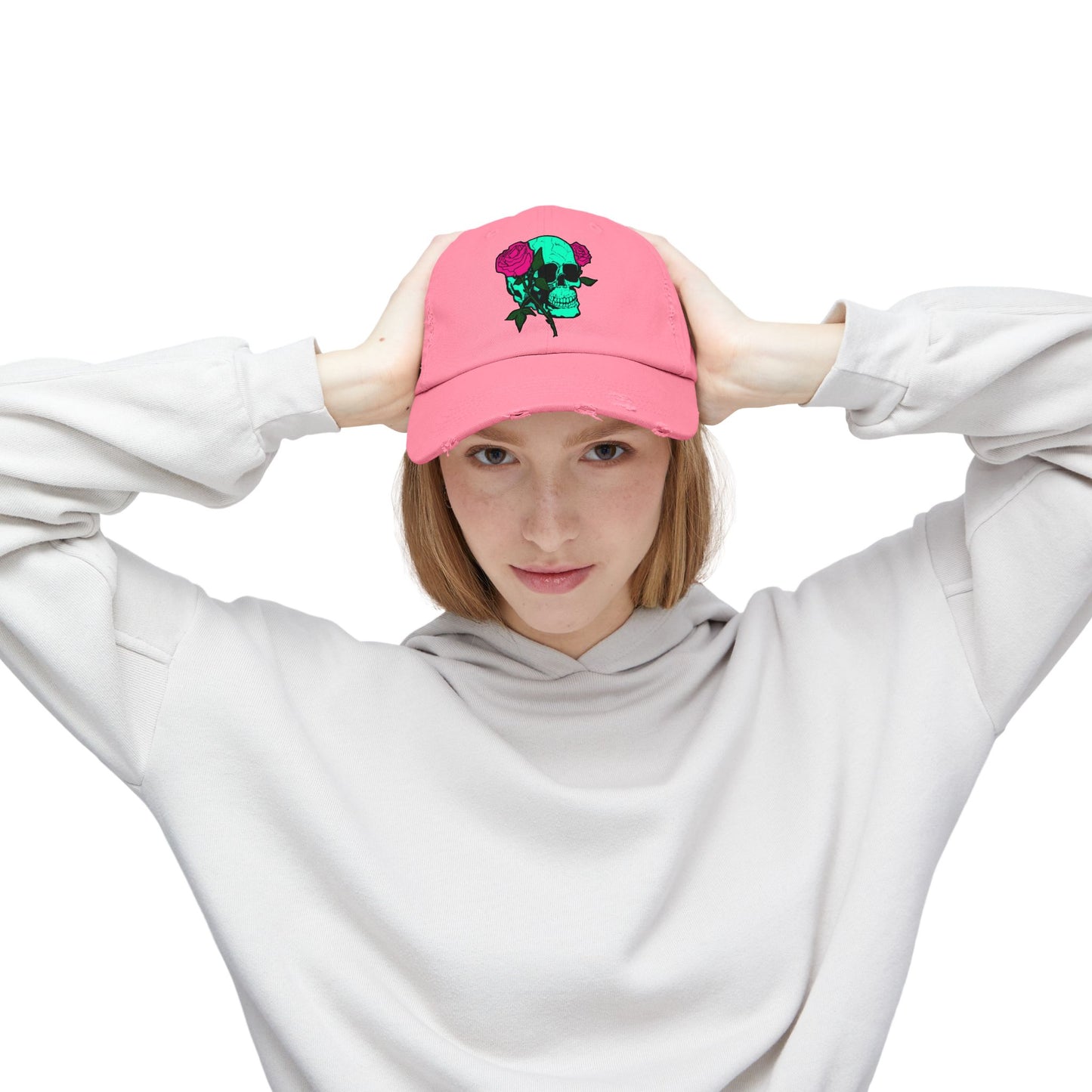 Trendy Distressed Skull Cap with Roses