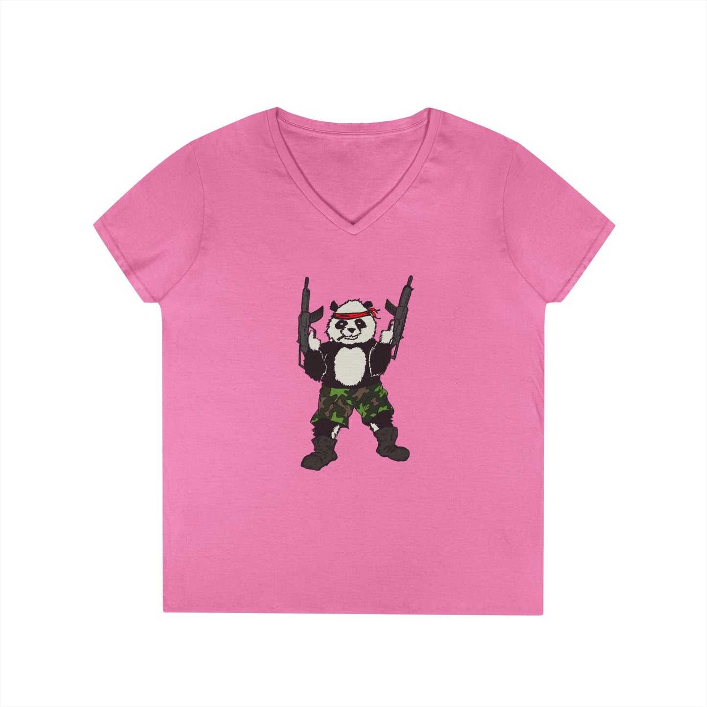 Ladies' V-Neck T-Shirt - Cool Panda with Guns Graphic Tee