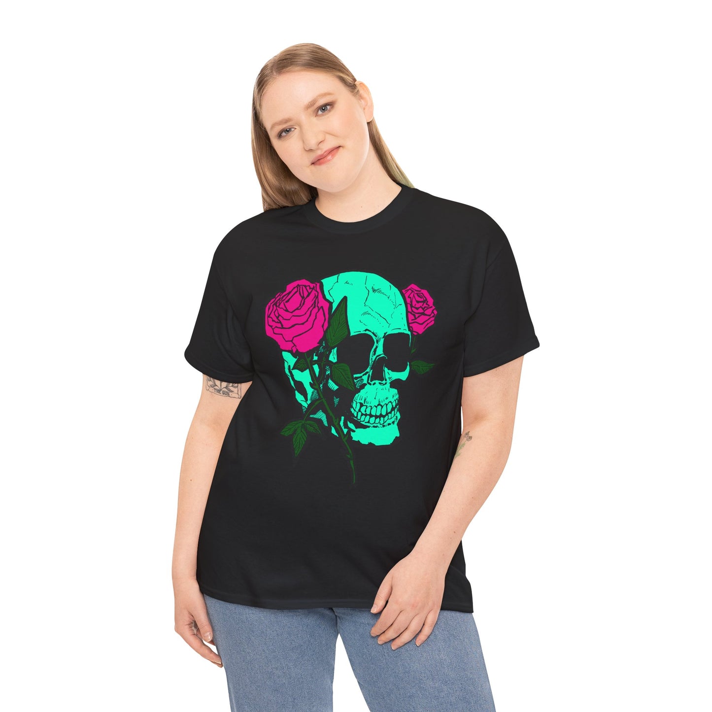 Edgy Skull & Roses Unisex Heavy Cotton Tee - Graphic T-Shirt for Alternative Fashion Lovers