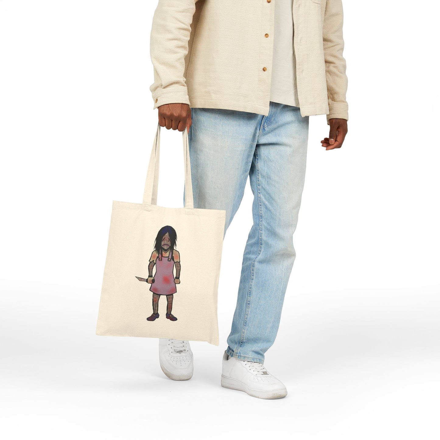 Tote Bag — Cute Grimy Creepy Girl Illustration Canvas Tote (quirky horror, everyday reusable bag)