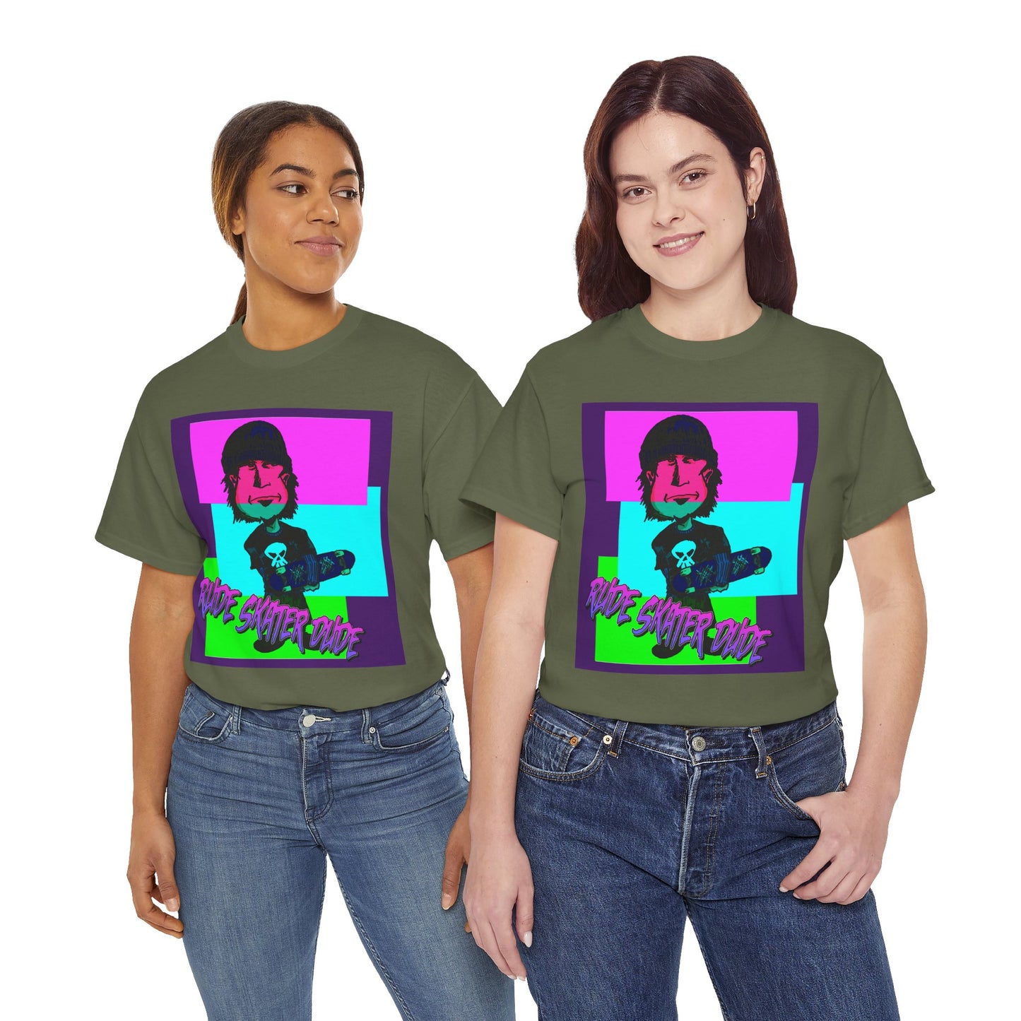 Retro Neon Skateboard Tee — "Rude Skater Dude" Graphic
