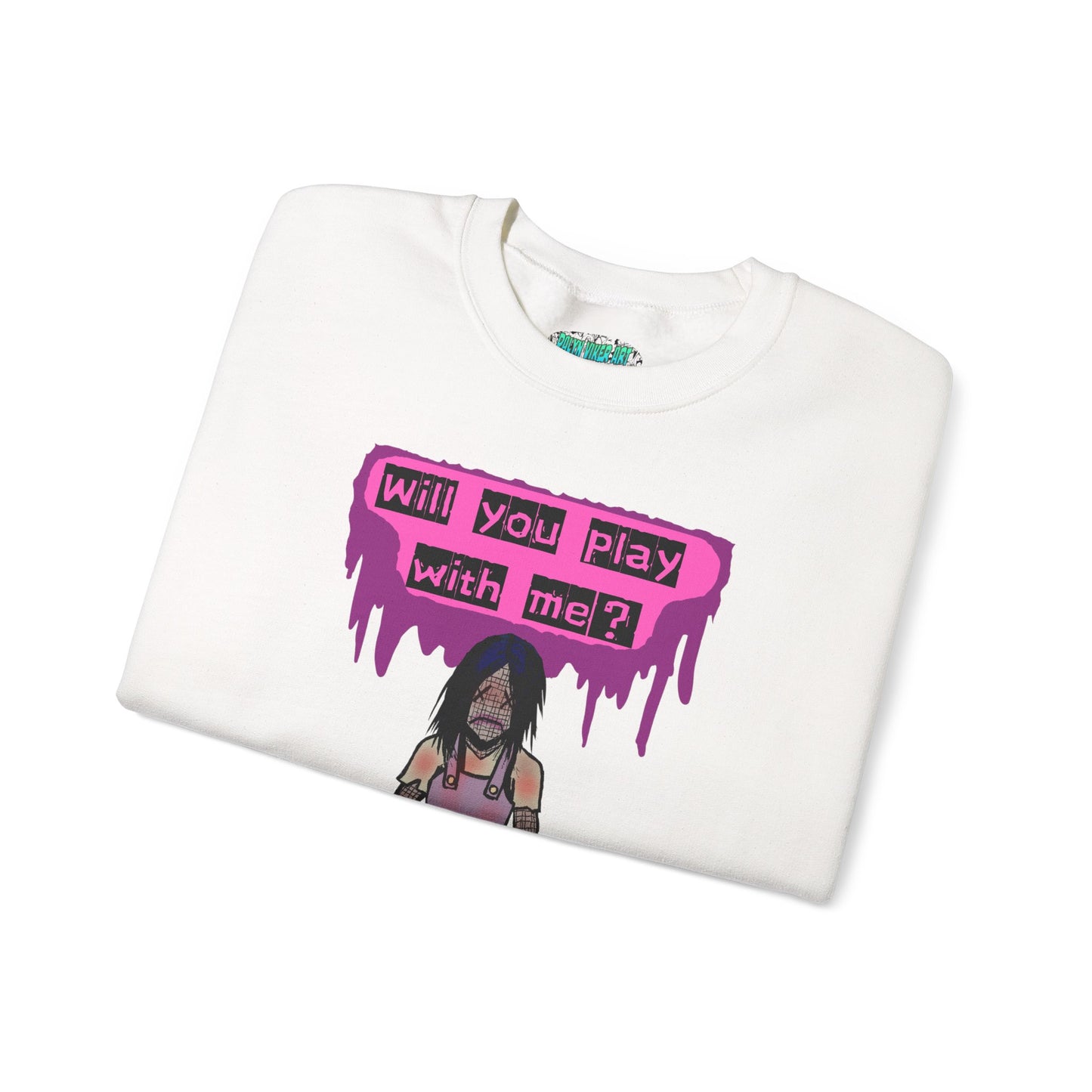 Evil Doll GHOSTLY VINTAGE UNISEX CREWNECK SWEATSHIRT - "Will You Play With Me?"