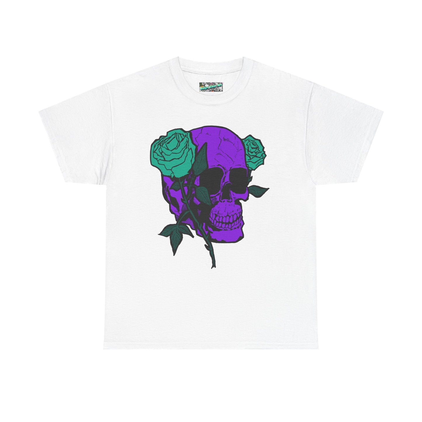 Skull & Rose Tee — Purple Skull with Turquoise Roses Graphic T-Shirt