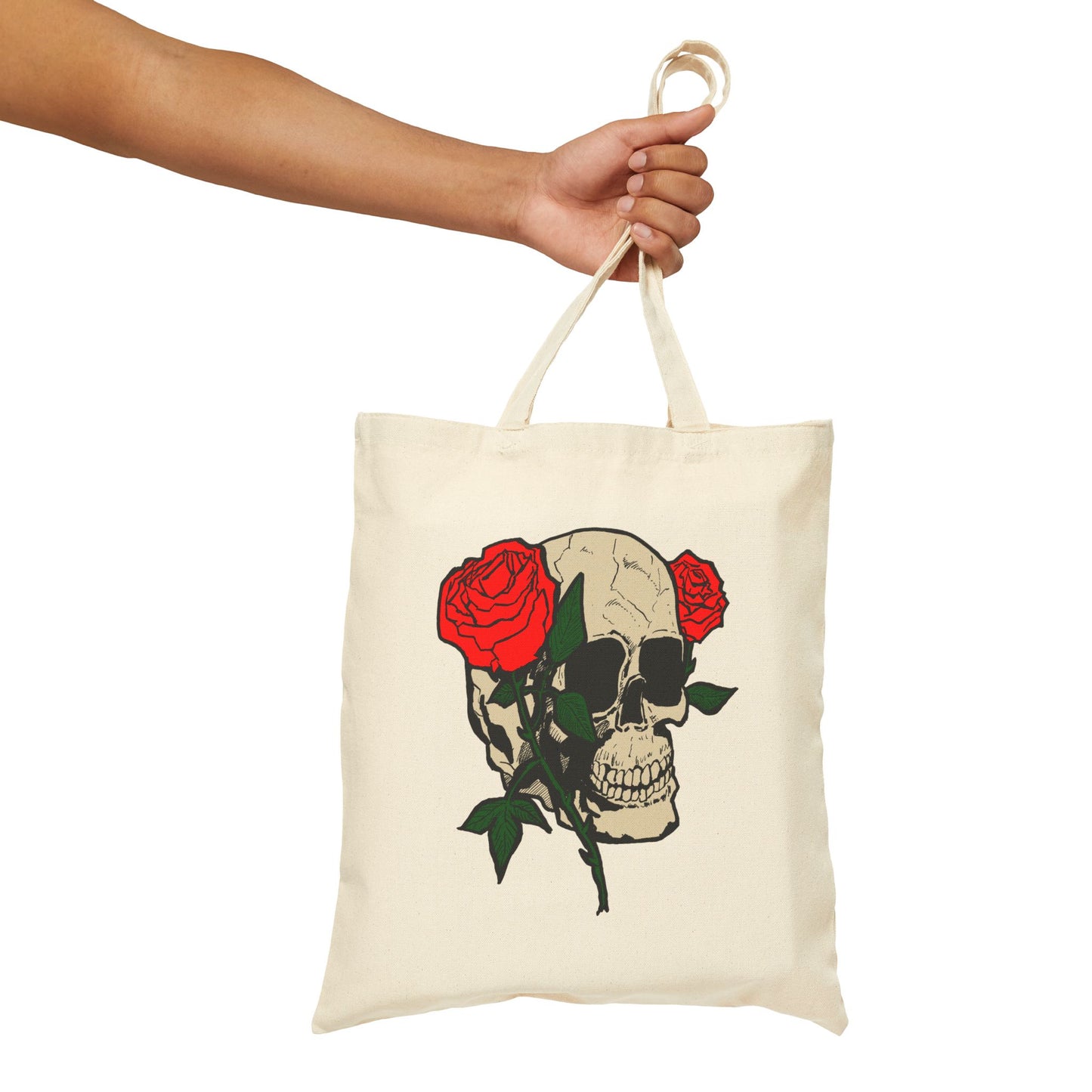 Skull & Roses Canvas Tote Bag — Gothic Floral Reusable Shopper