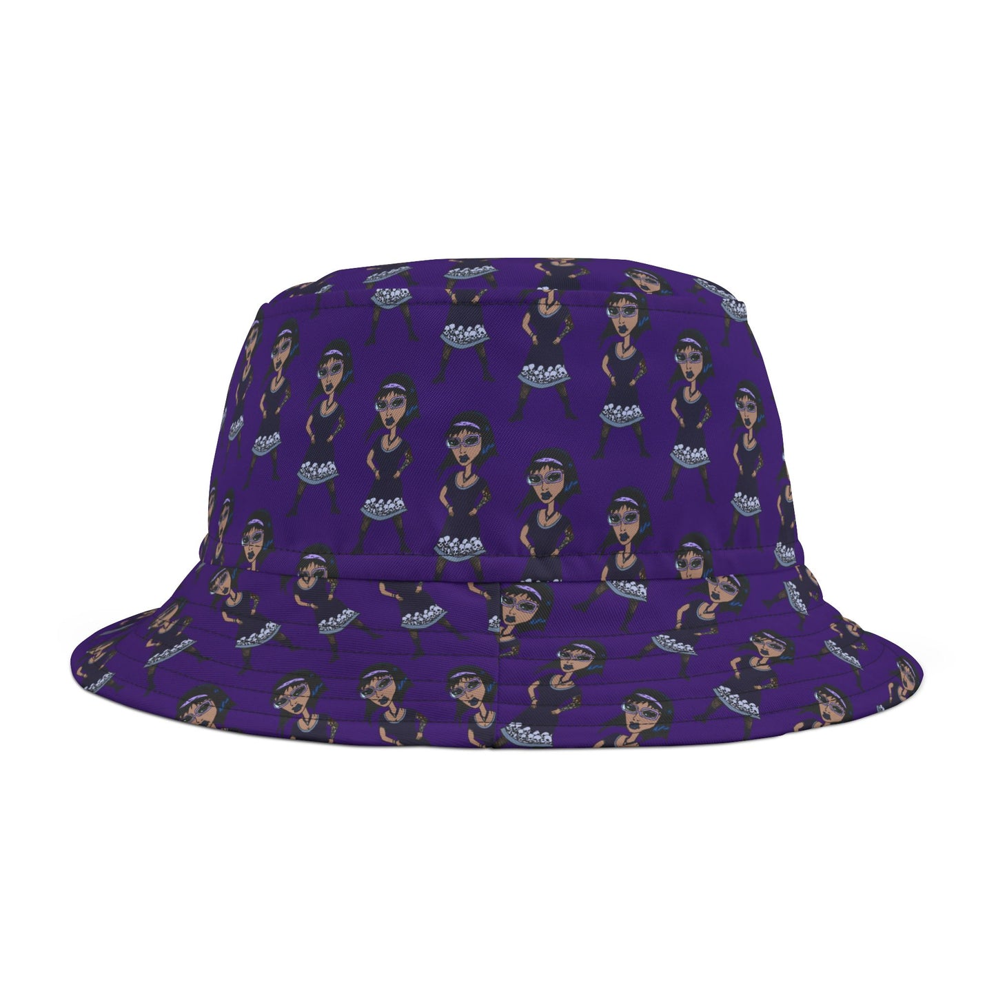 Purple Retro Goth Girl Pattern Bucket Hat — All-Over Print Fashion Accessory