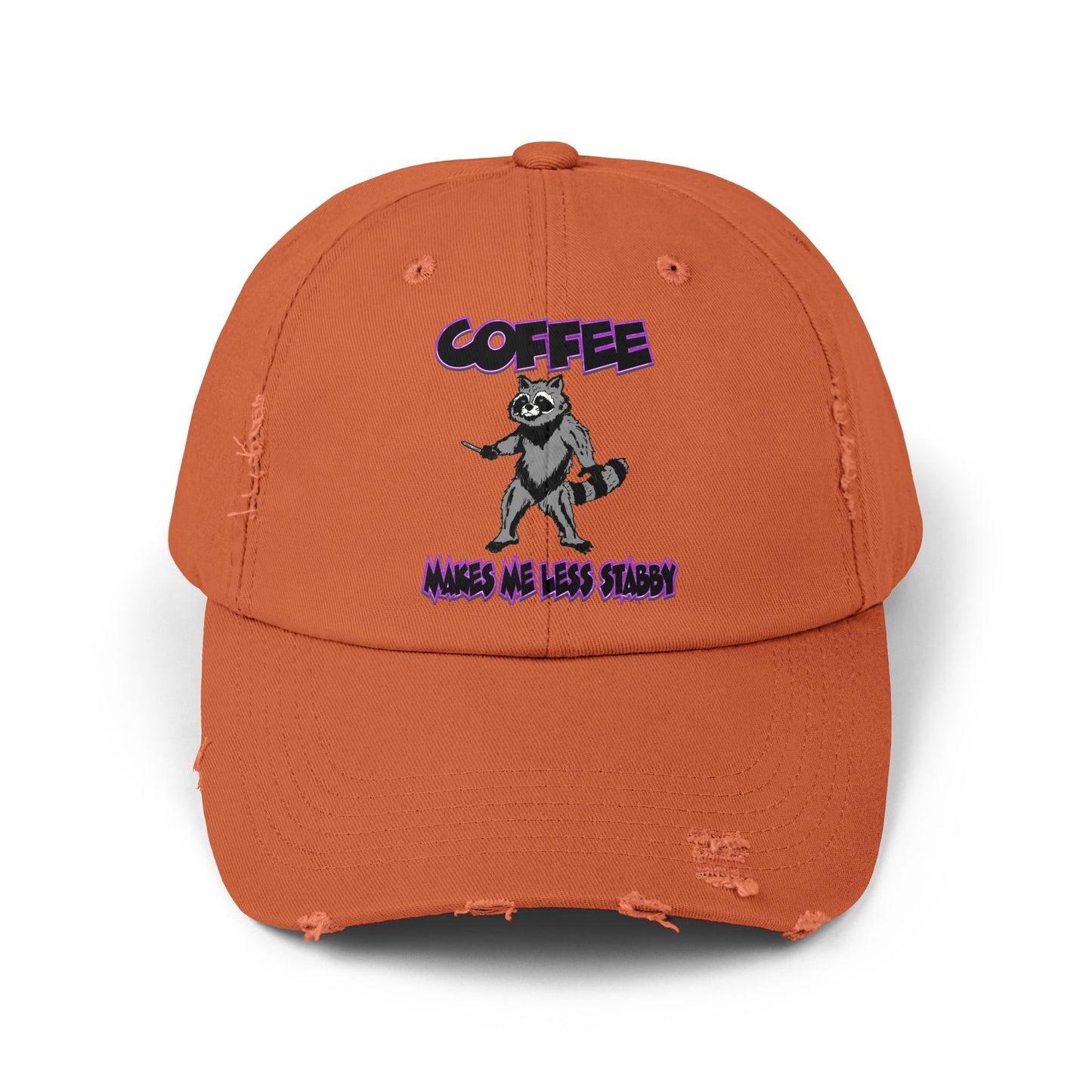 Funny Unisex Distressed Cap - "Coffee Makes Me Less Stabby" - Grumpy Raccoon