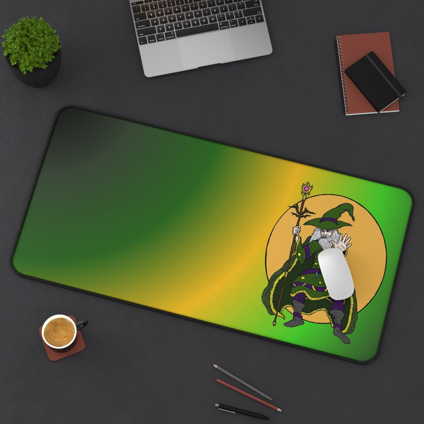 Wizard Desk Mat — Green & Gold Gaming Mouse Pad with Wizard Illustration