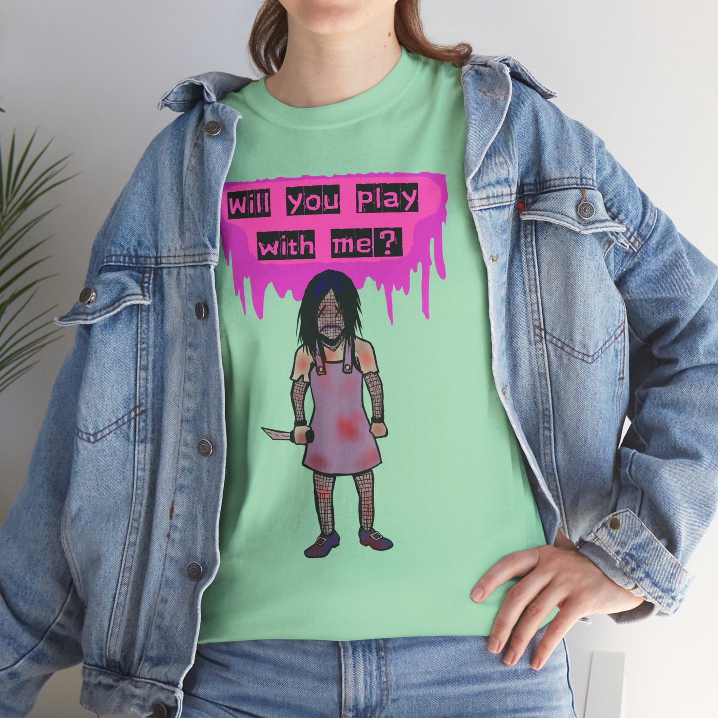 Playful Evil Doll Horror Graphic Tee, Unisex Heavy Cotton Shirt, Casual Wear, Unique Gift, Halloween Costume, Quirky Fashion