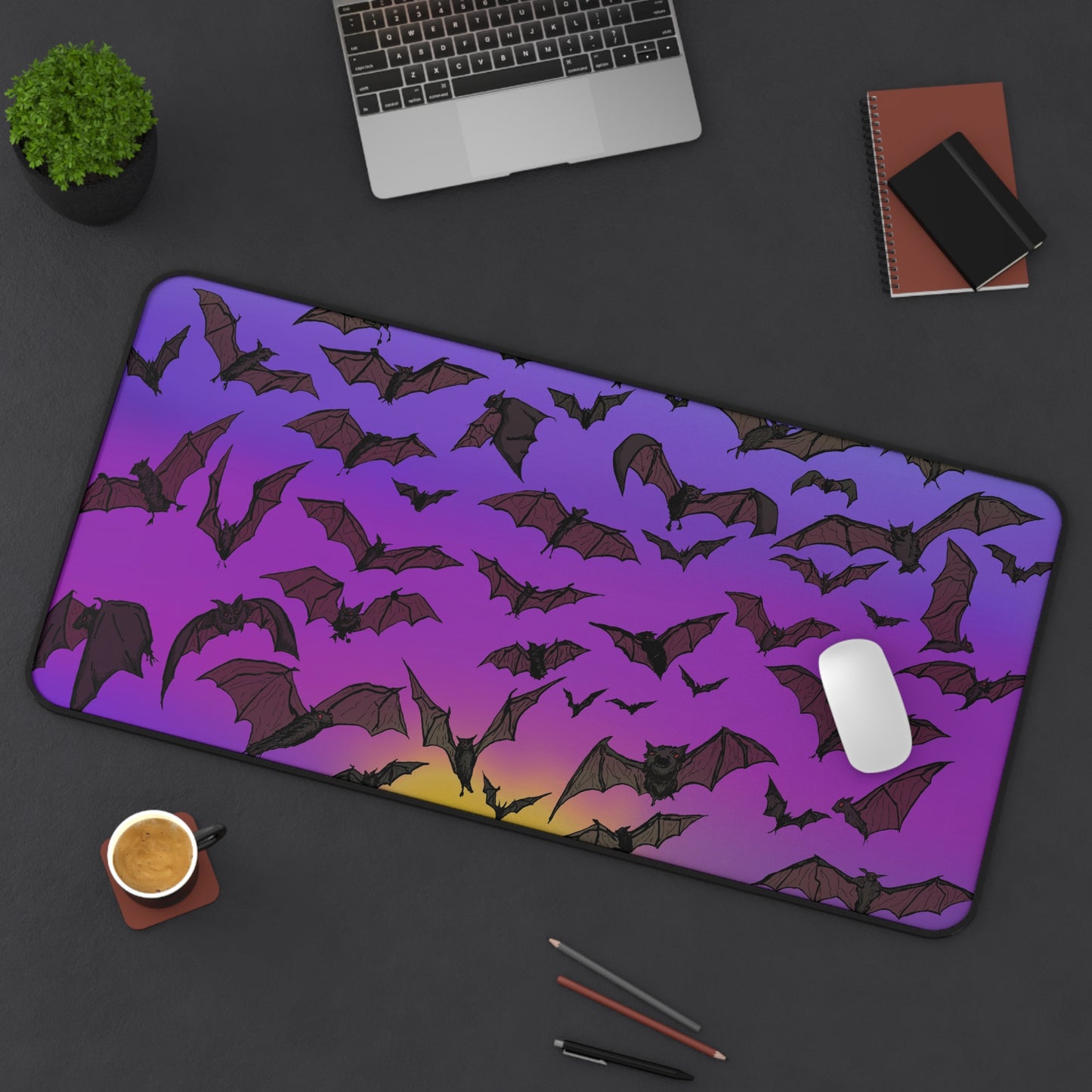Spooky Bat Sunset Desk Mat - Halloween Decor, Office Accessories, Gamer Mouse Pad, Unique Desk Accessories, Cute Gift for Bat Lovers
