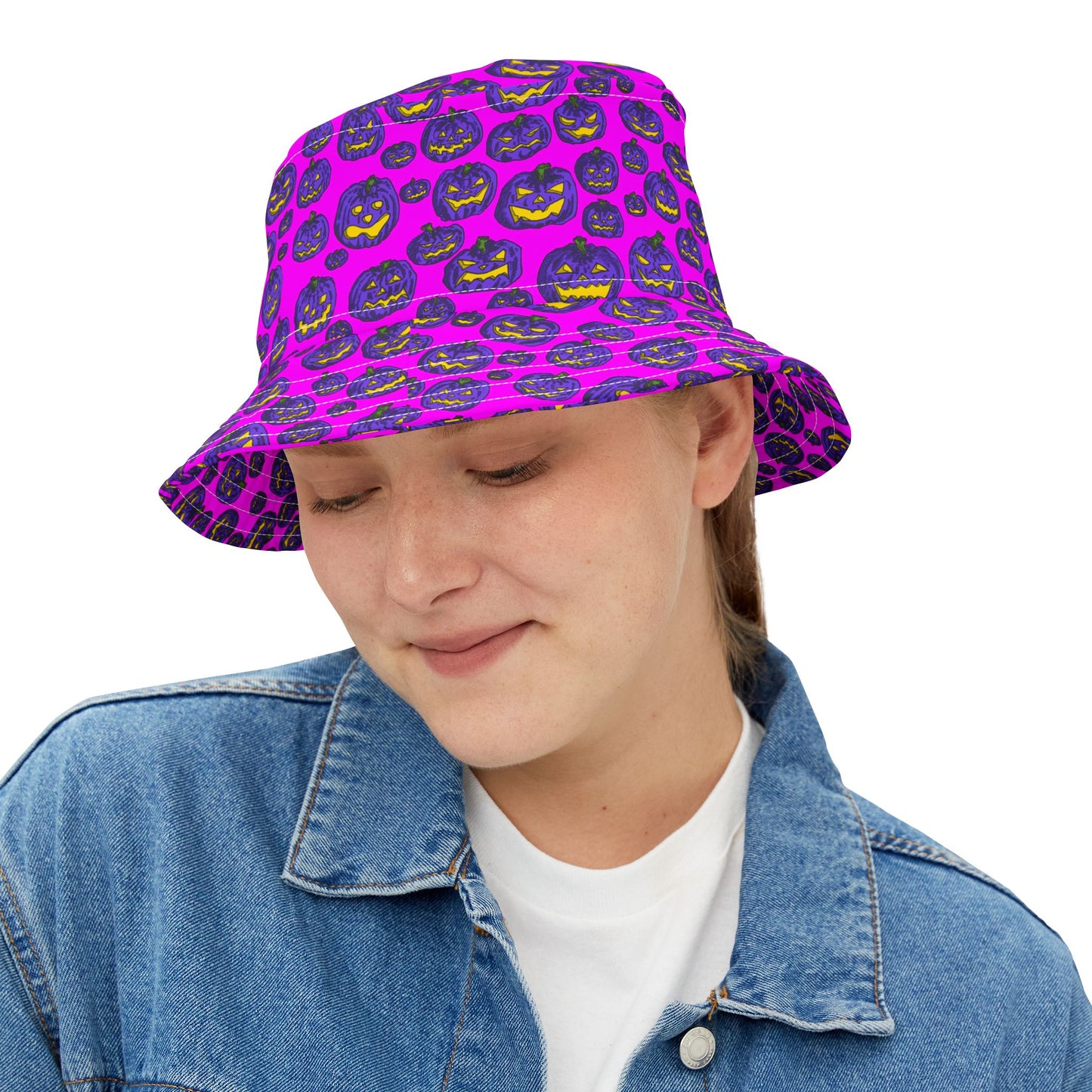 Vibrant Pumpkin Print Bucket Hat, Halloween Hat, Trendy AOP Hat, Fun Outdoor Accessory, Fall Fashion