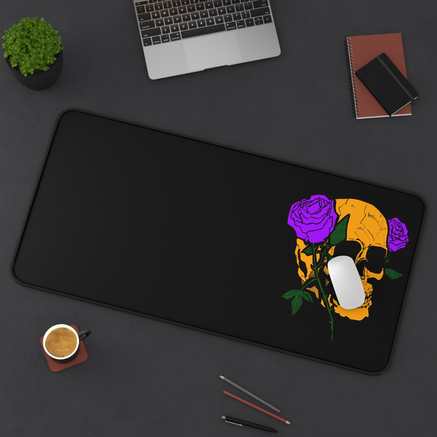 Stylish Skull Desk Mat with Purple Roses, Gothic Office Decor, Gaming Mouse Pad, Unique Gift for Halloween, Artist Workspace