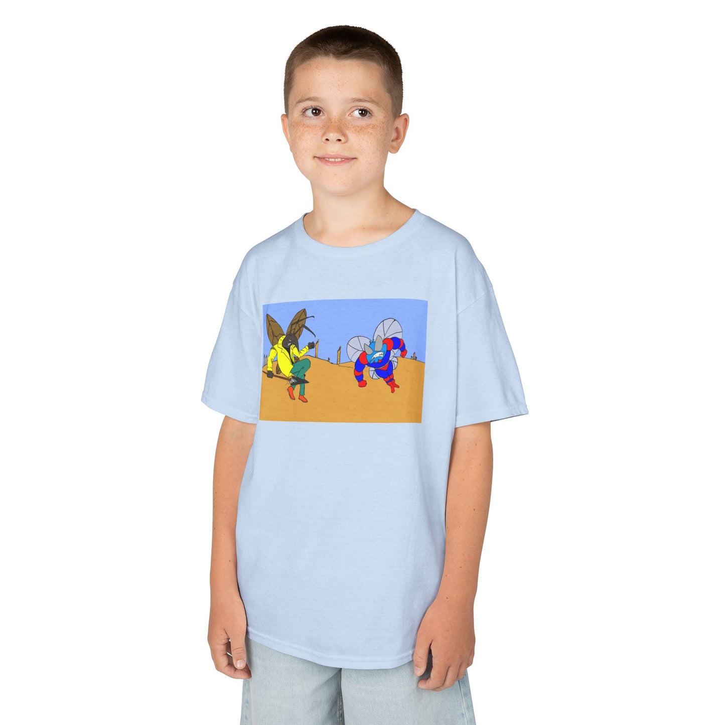 Astro-Fly and Wasp Warrior Kids Tee — Colorful Desert Beetle Cartoon Illustration