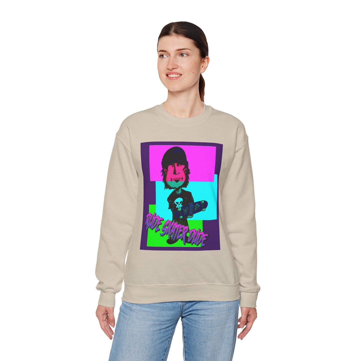 Crewneck Sweatshirt — Retro Neon Skate Punk "Rude Skater Dude" Graphic
