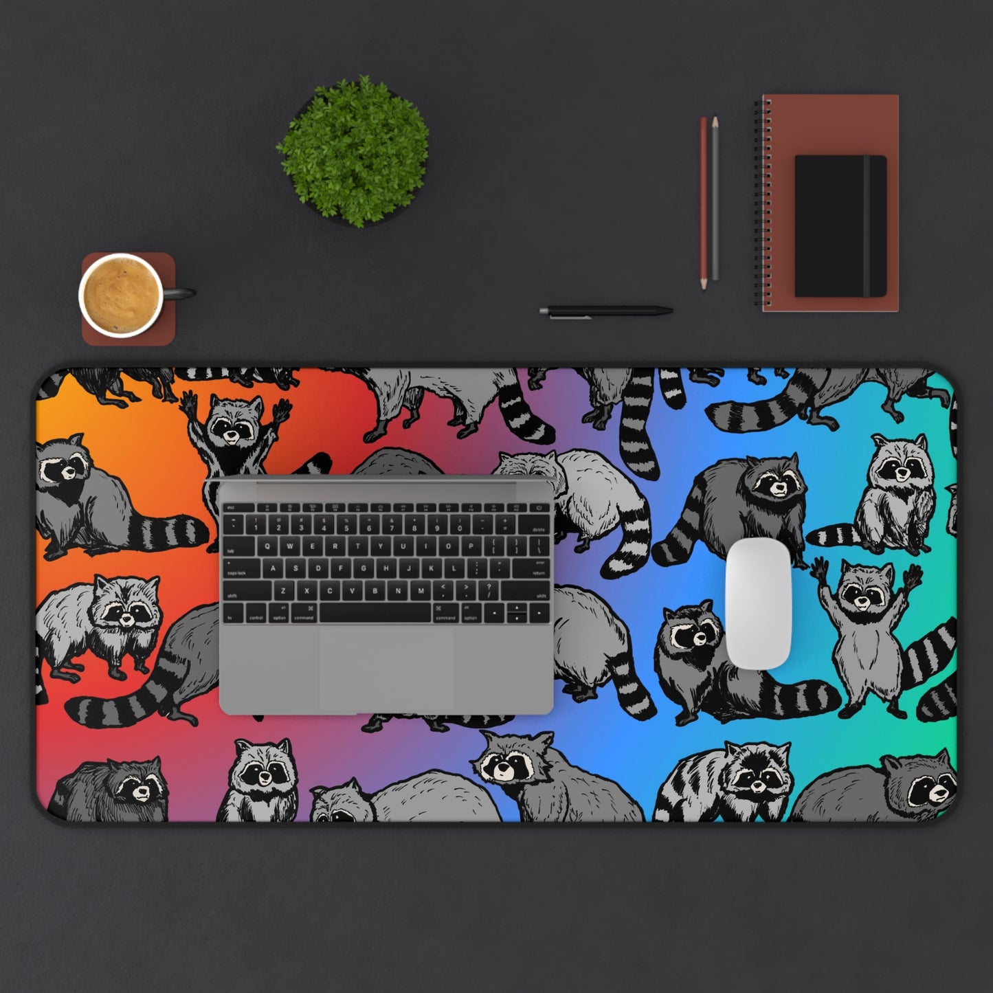 Raccoon Pattern Desk Mat — Colorful Gradient Office Mouse Pad
