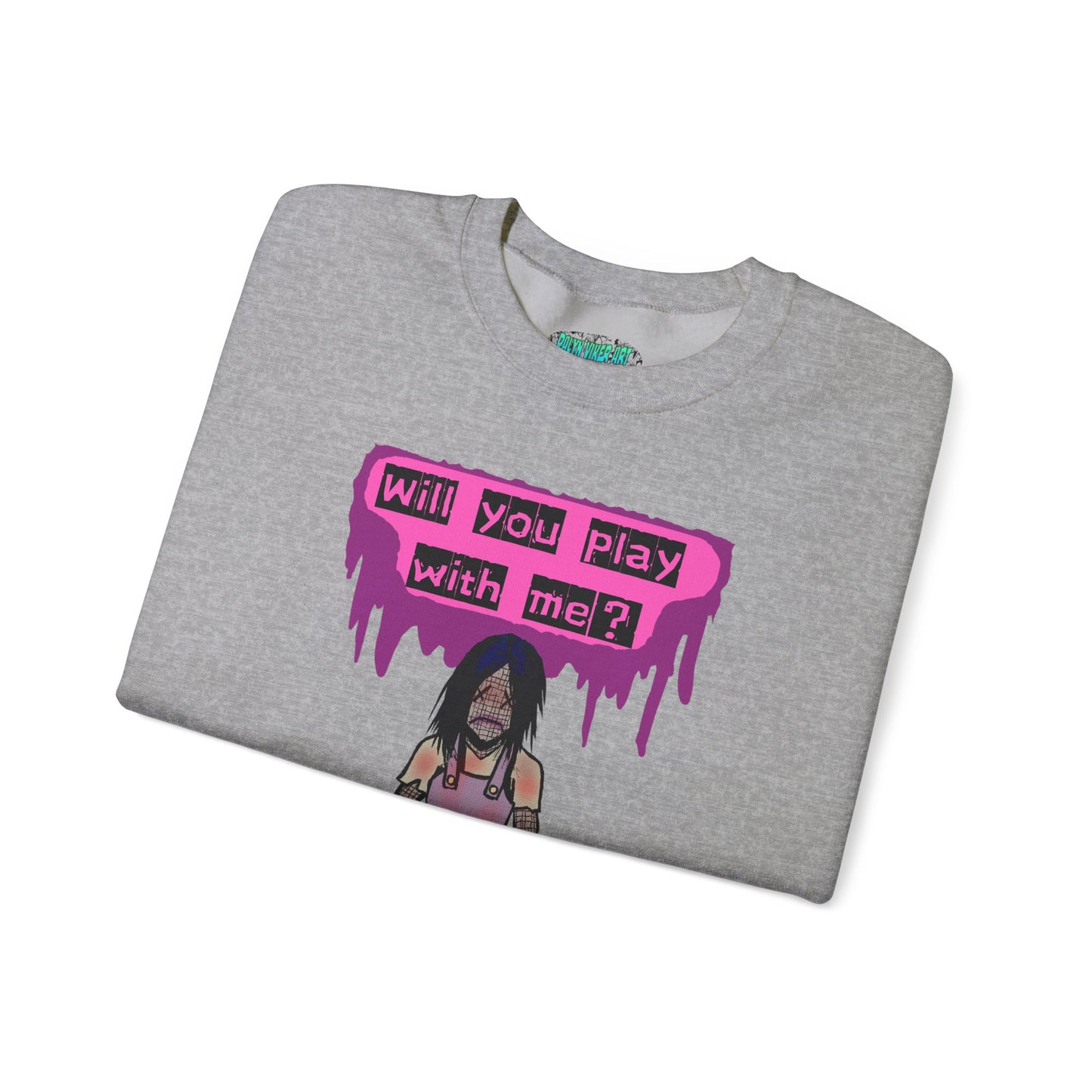 Evil Doll GHOSTLY VINTAGE UNISEX CREWNECK SWEATSHIRT - "Will You Play With Me?"